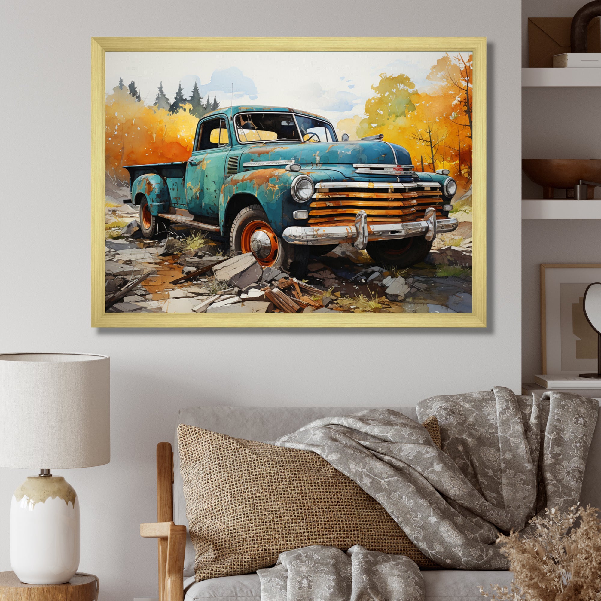 Teal Vintage Pickup Automn Offroad I - Pickup Truck Canvas Wall Art