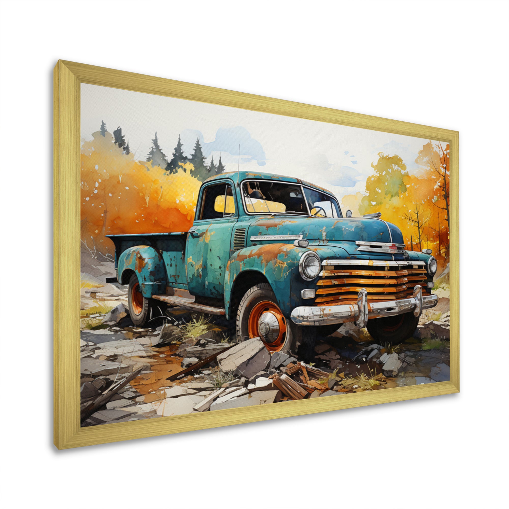Teal Vintage Pickup Automn Offroad I - Pickup Truck Canvas Wall Art