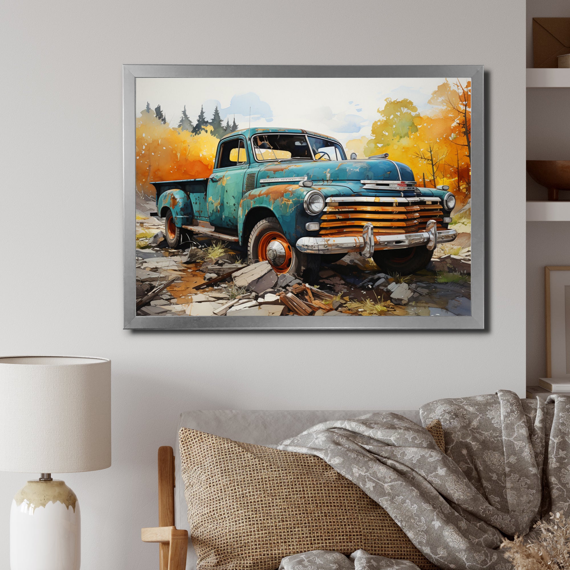 Teal Vintage Pickup Automn Offroad I - Pickup Truck Canvas Wall Art