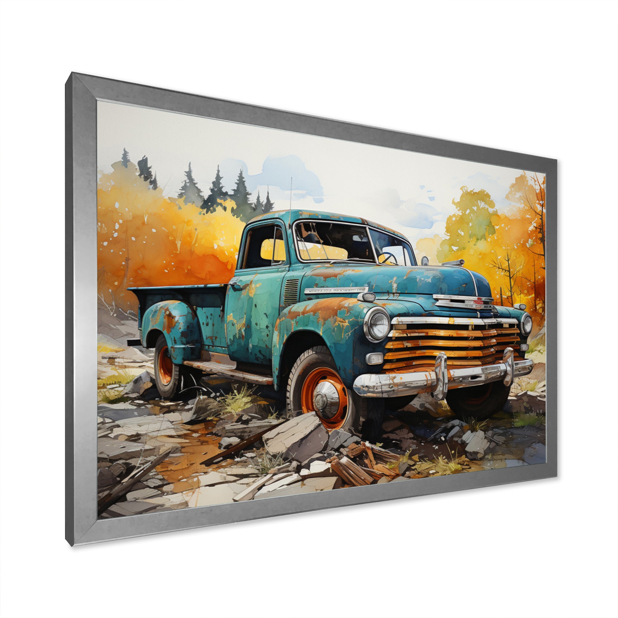 Teal Vintage Pickup Automn Offroad I - Pickup Truck Canvas Wall Art