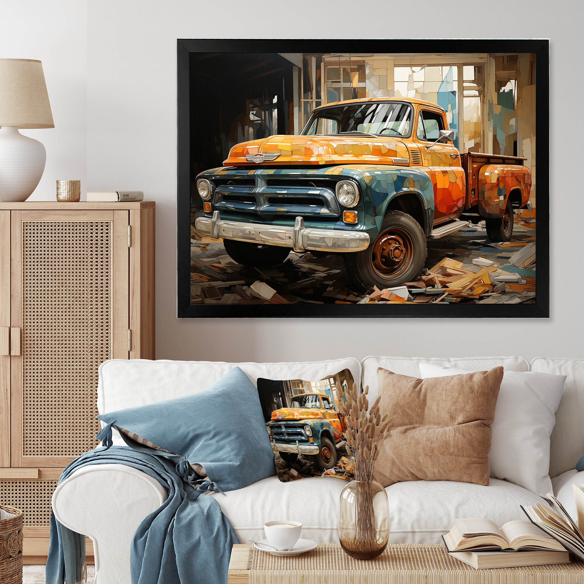 Orange Pickup Truck Mixed Perspective - Pickup Truck Canvas Wall Art