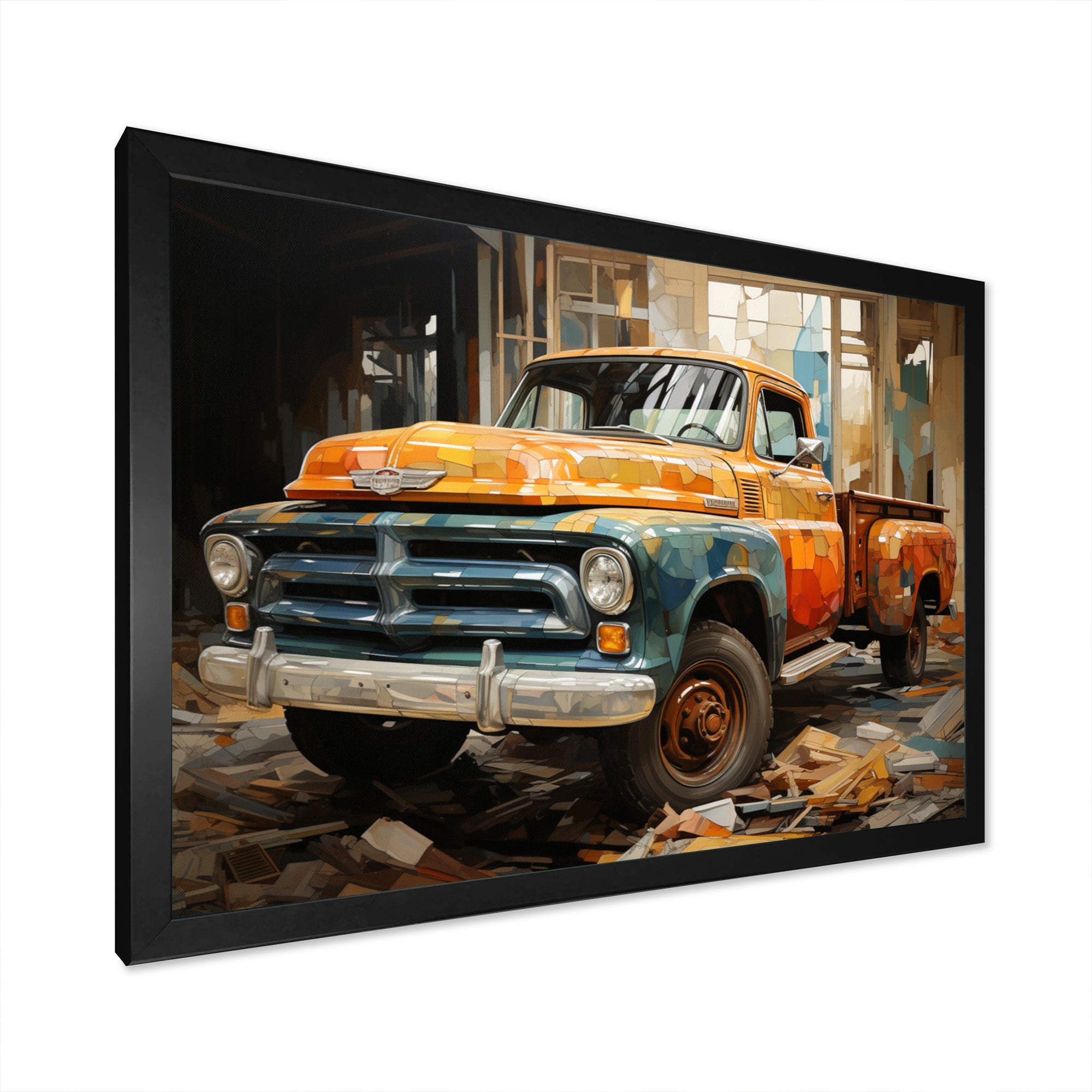 Orange Pickup Truck Mixed Perspective - Pickup Truck Canvas Wall Art