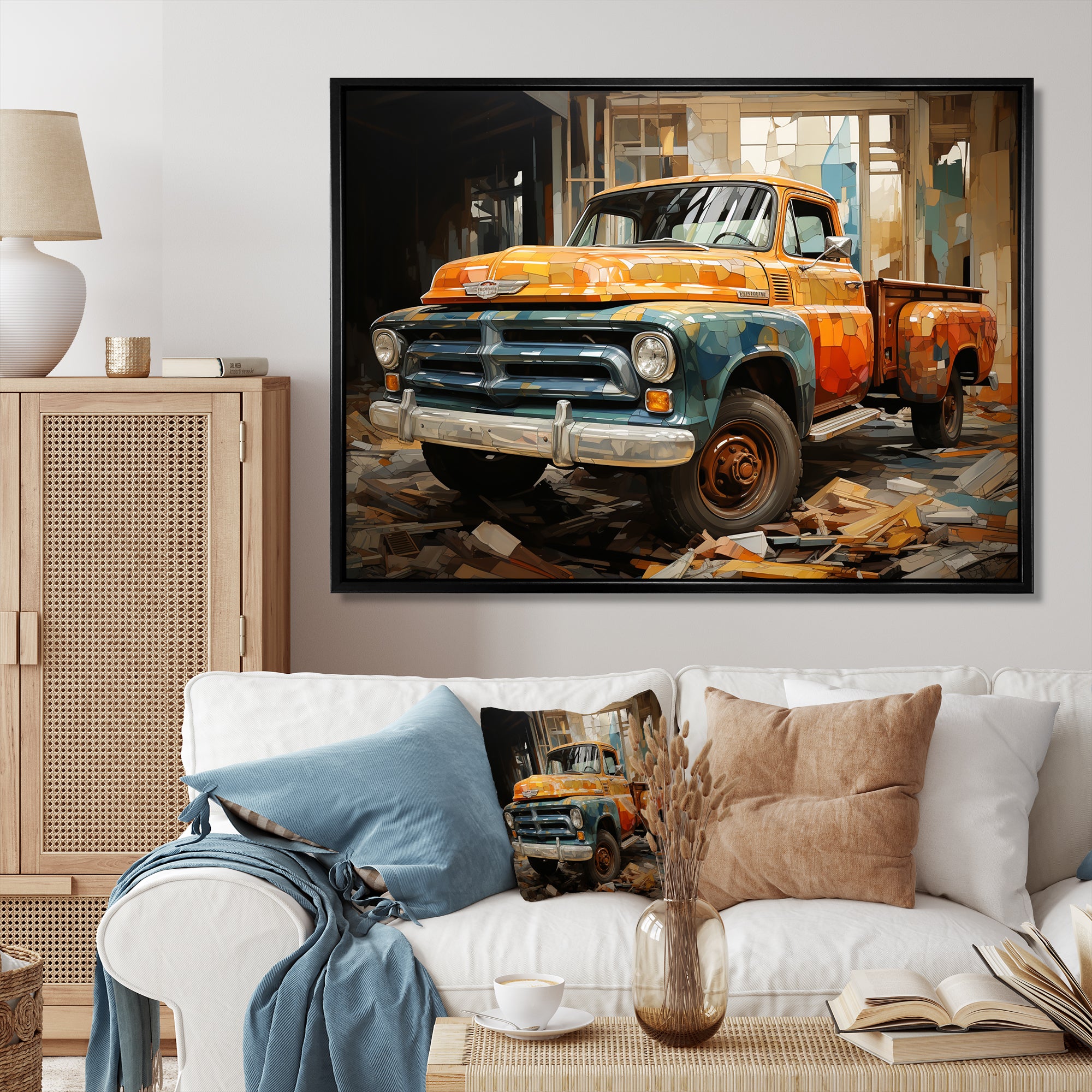 Orange Pickup Truck Mixed Perspective - Pickup Truck Canvas Wall Art
