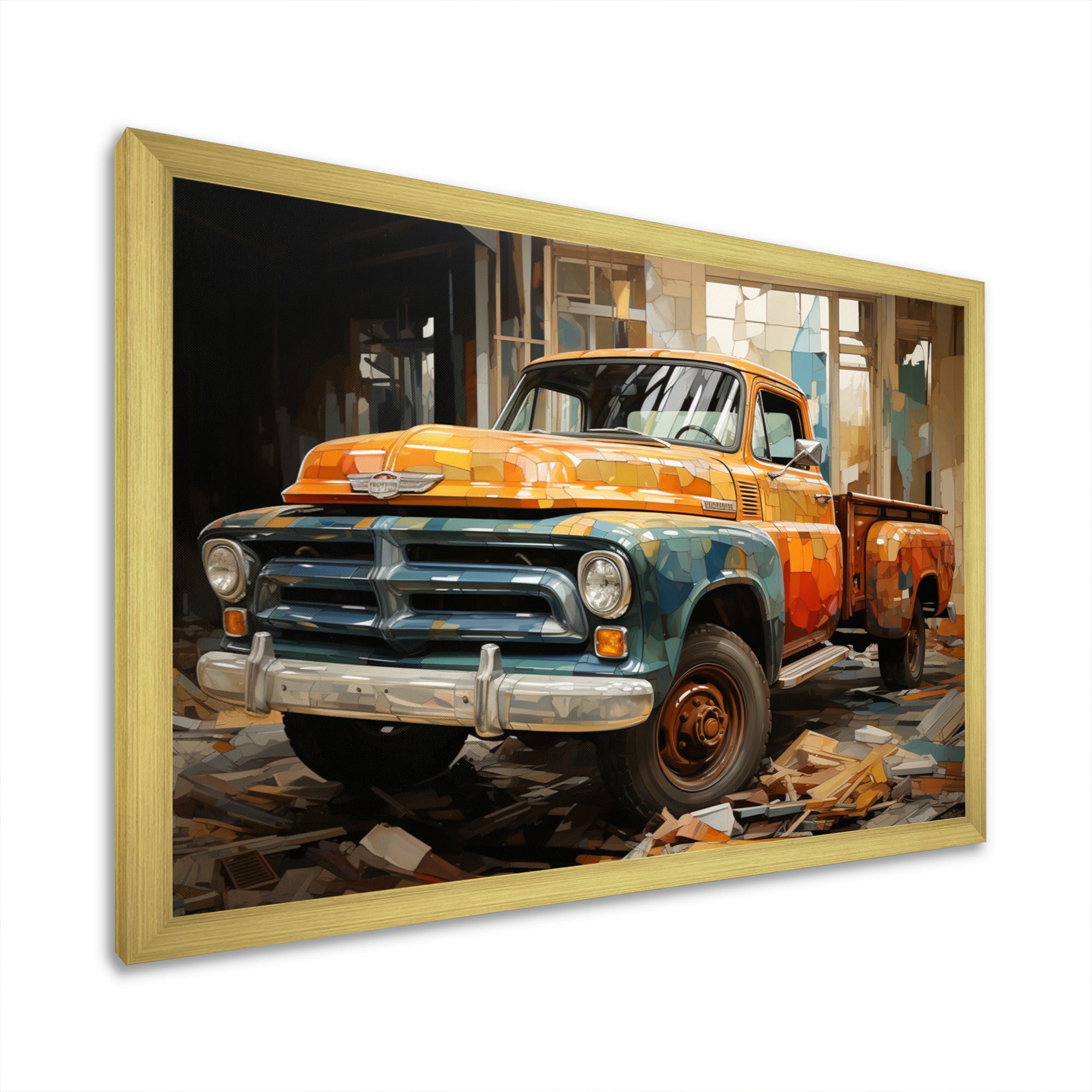 Orange Pickup Truck Mixed Perspective - Pickup Truck Canvas Wall Art