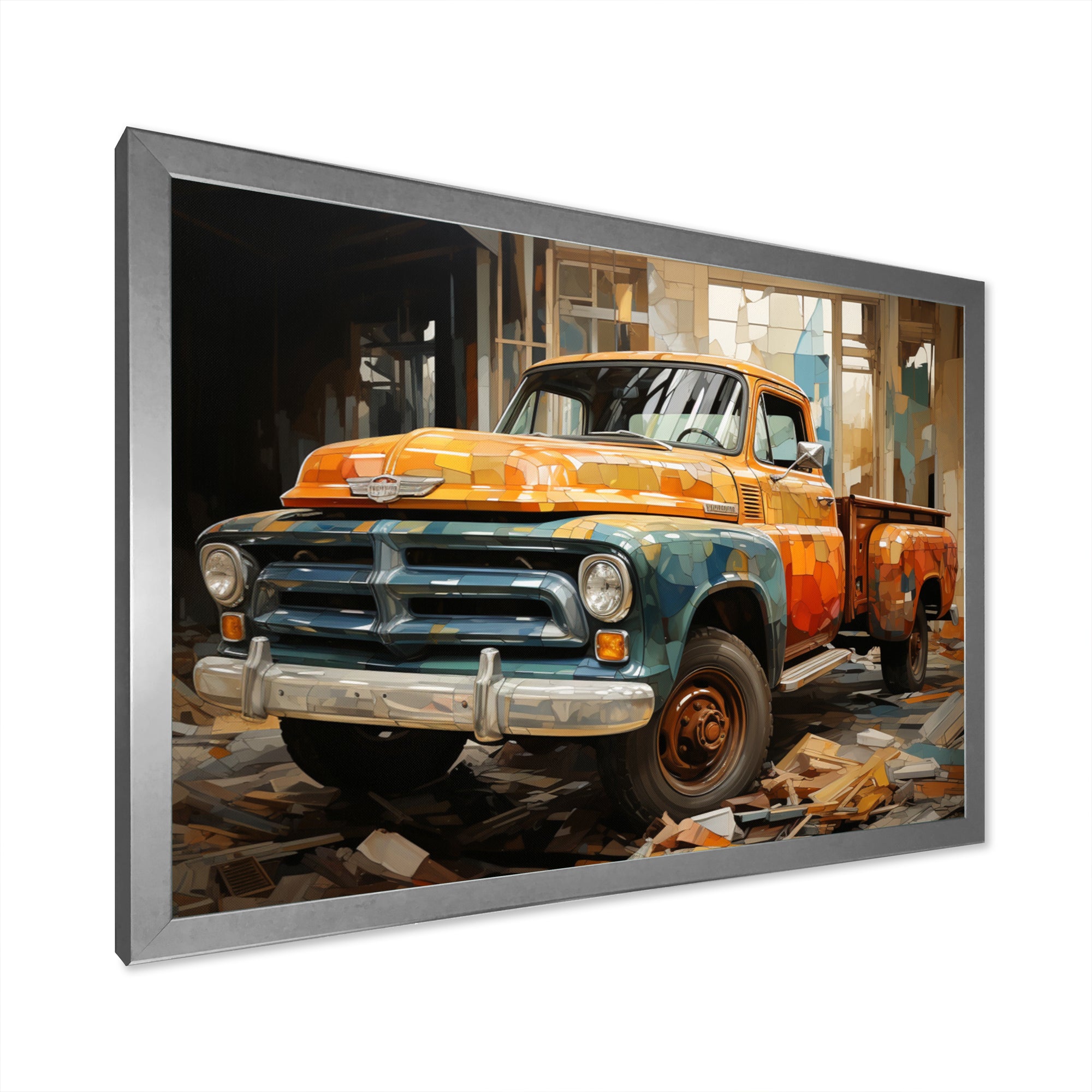 Orange Pickup Truck Mixed Perspective - Pickup Truck Canvas Wall Art