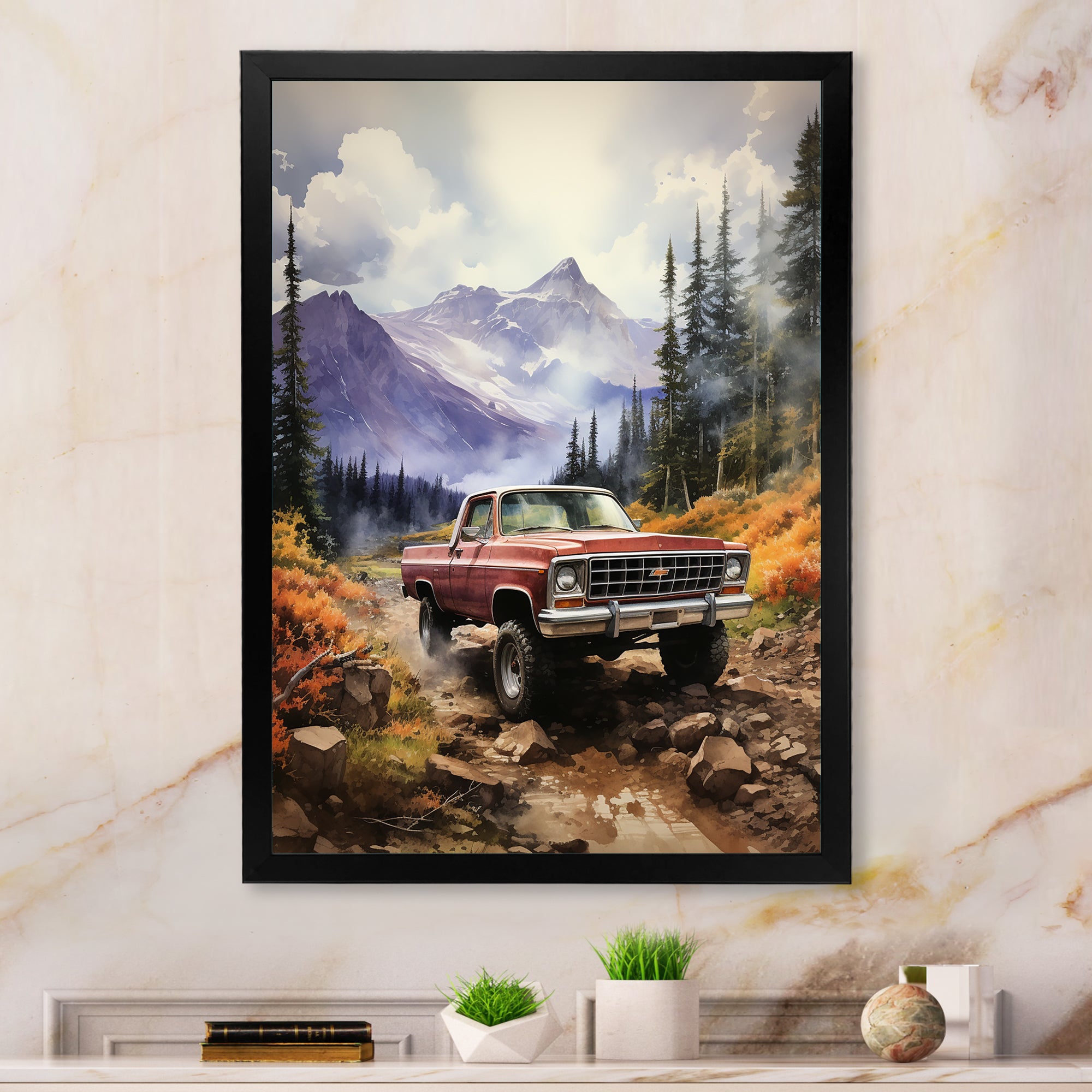Red Pickup Truck Mountain Majesty - Pickup Truck Canvas Wall Art