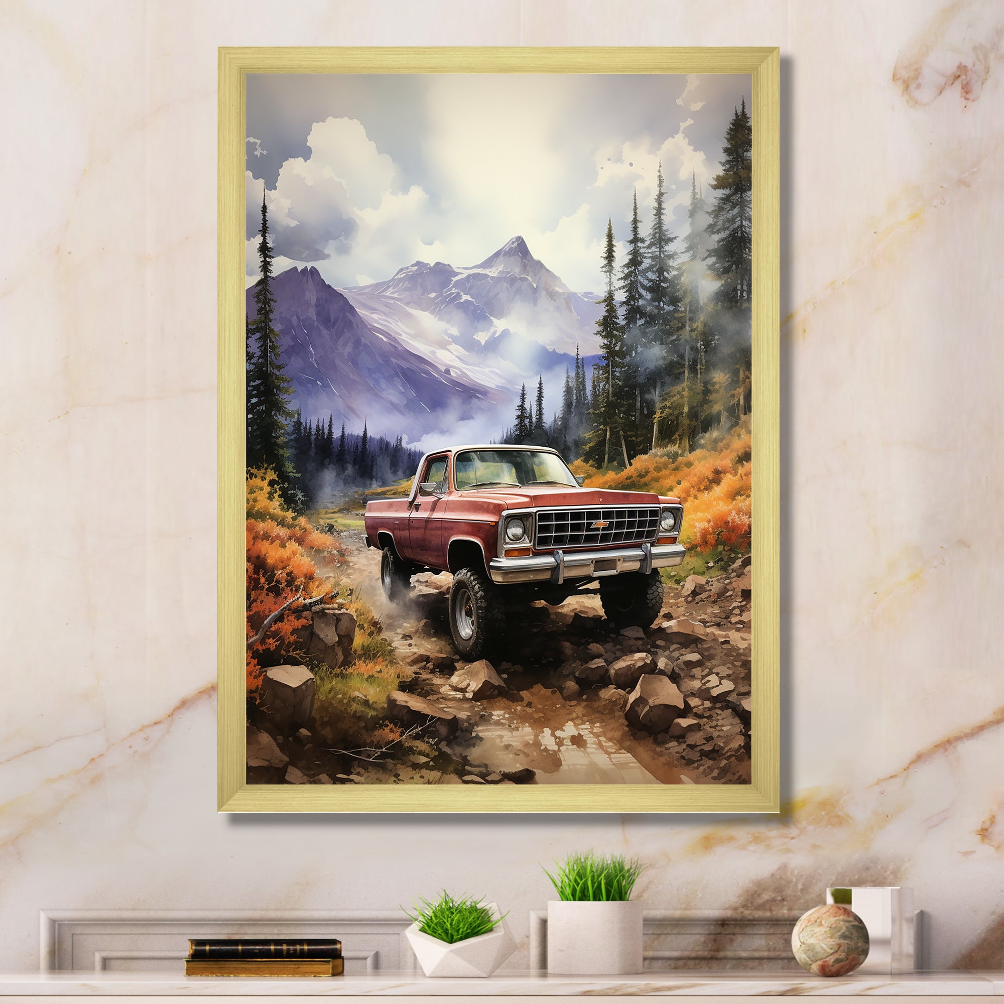 Red Pickup Truck Mountain Majesty - Pickup Truck Canvas Wall Art