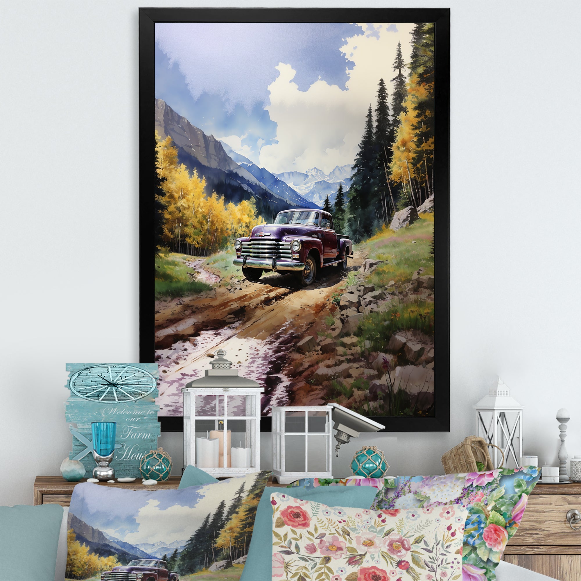 Green Pickup Truck Mountain Majesty - Pickup Truck Canvas Wall Art