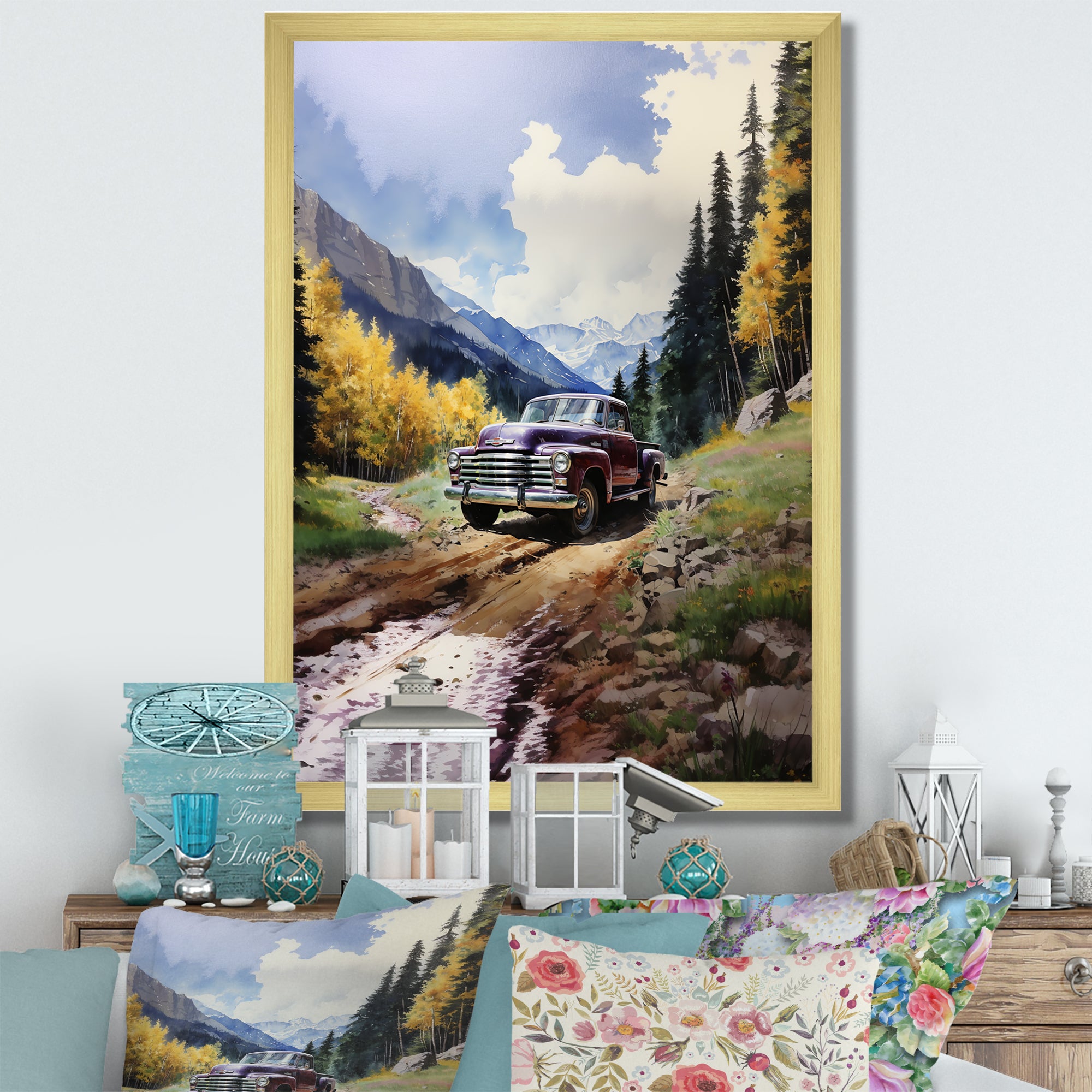 Green Pickup Truck Mountain Majesty - Pickup Truck Canvas Wall Art