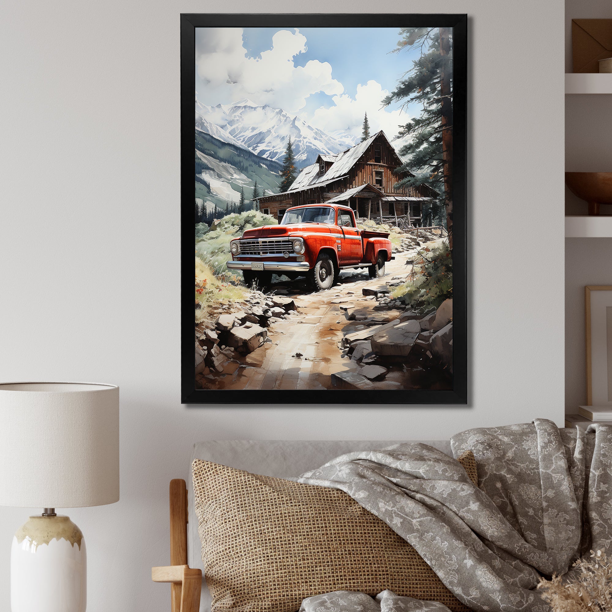 Red Pickup Truck Mountain Retreat - Pickup Truck Canvas Wall Art