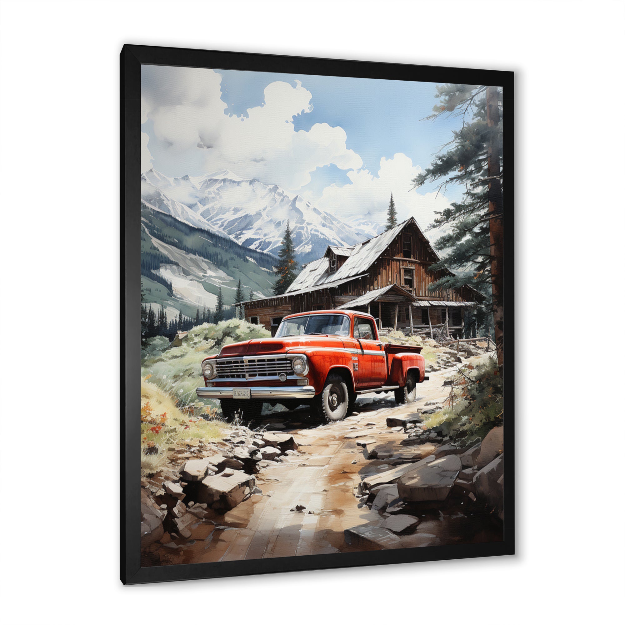 Red Pickup Truck Mountain Retreat - Pickup Truck Canvas Wall Art