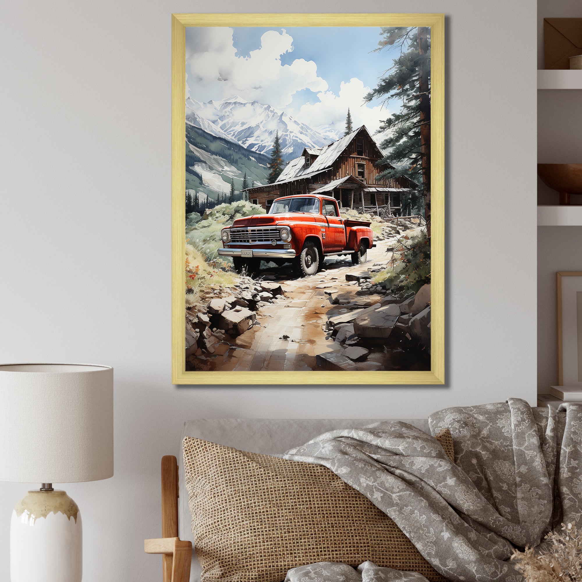 Red Pickup Truck Mountain Retreat - Pickup Truck Canvas Wall Art