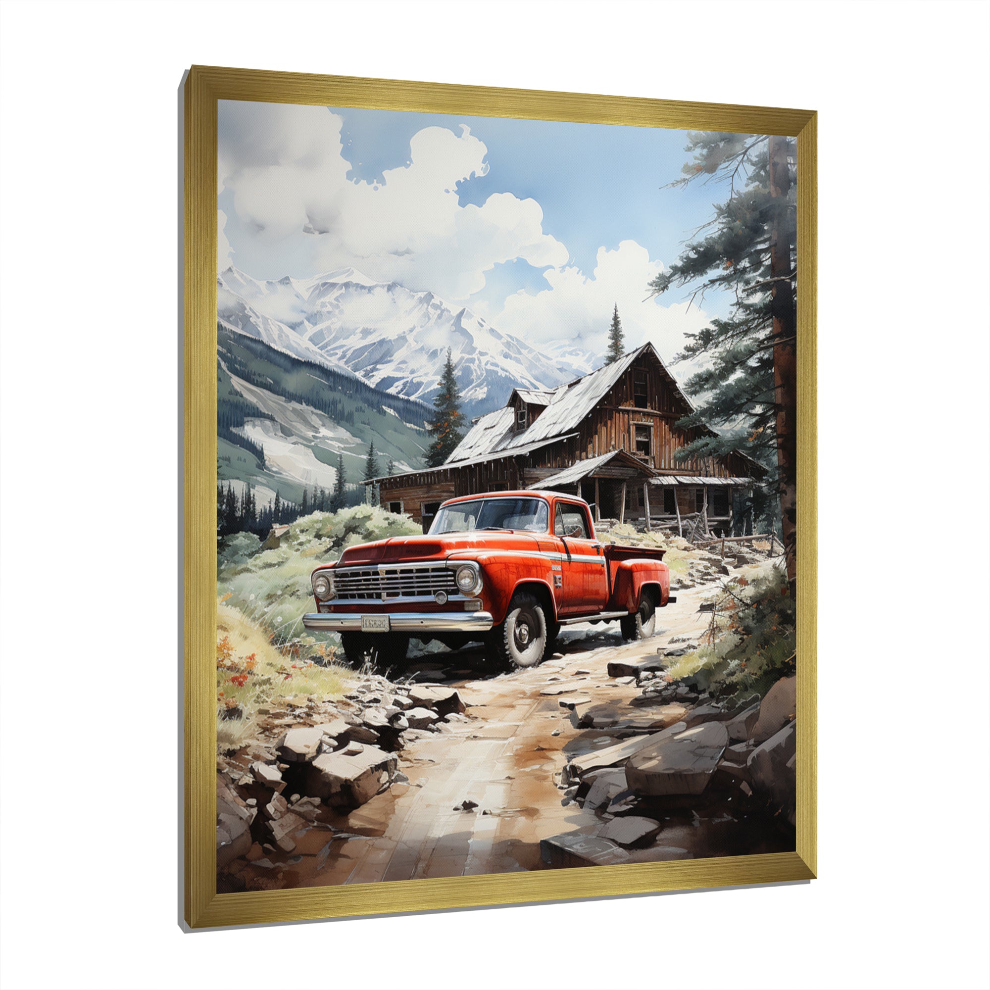 Red Pickup Truck Mountain Retreat - Pickup Truck Canvas Wall Art