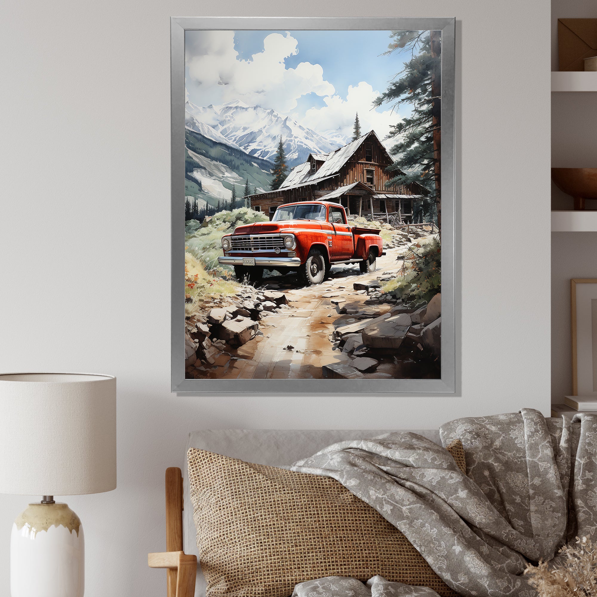 Red Pickup Truck Mountain Retreat - Pickup Truck Canvas Wall Art