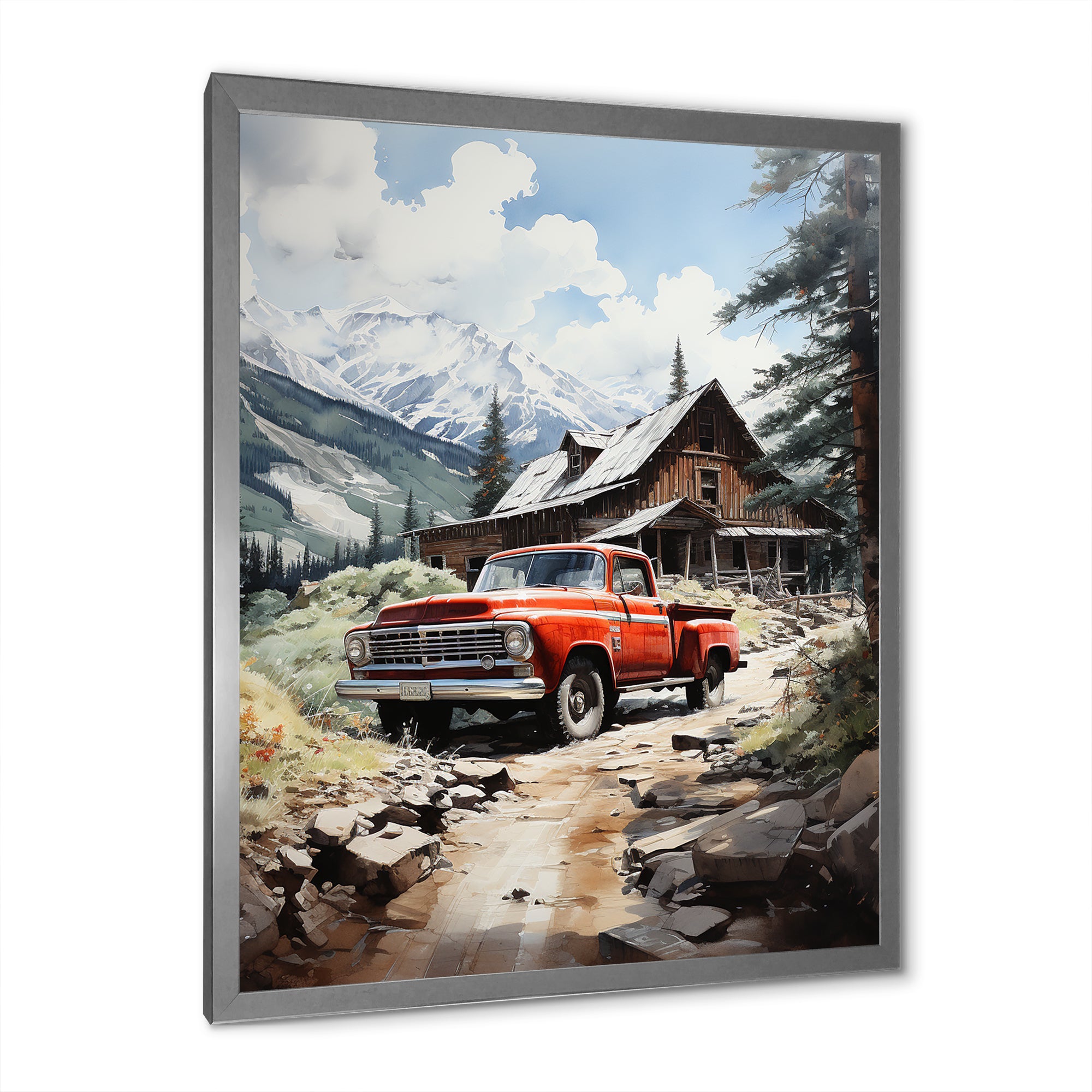 Red Pickup Truck Mountain Retreat - Pickup Truck Canvas Wall Art