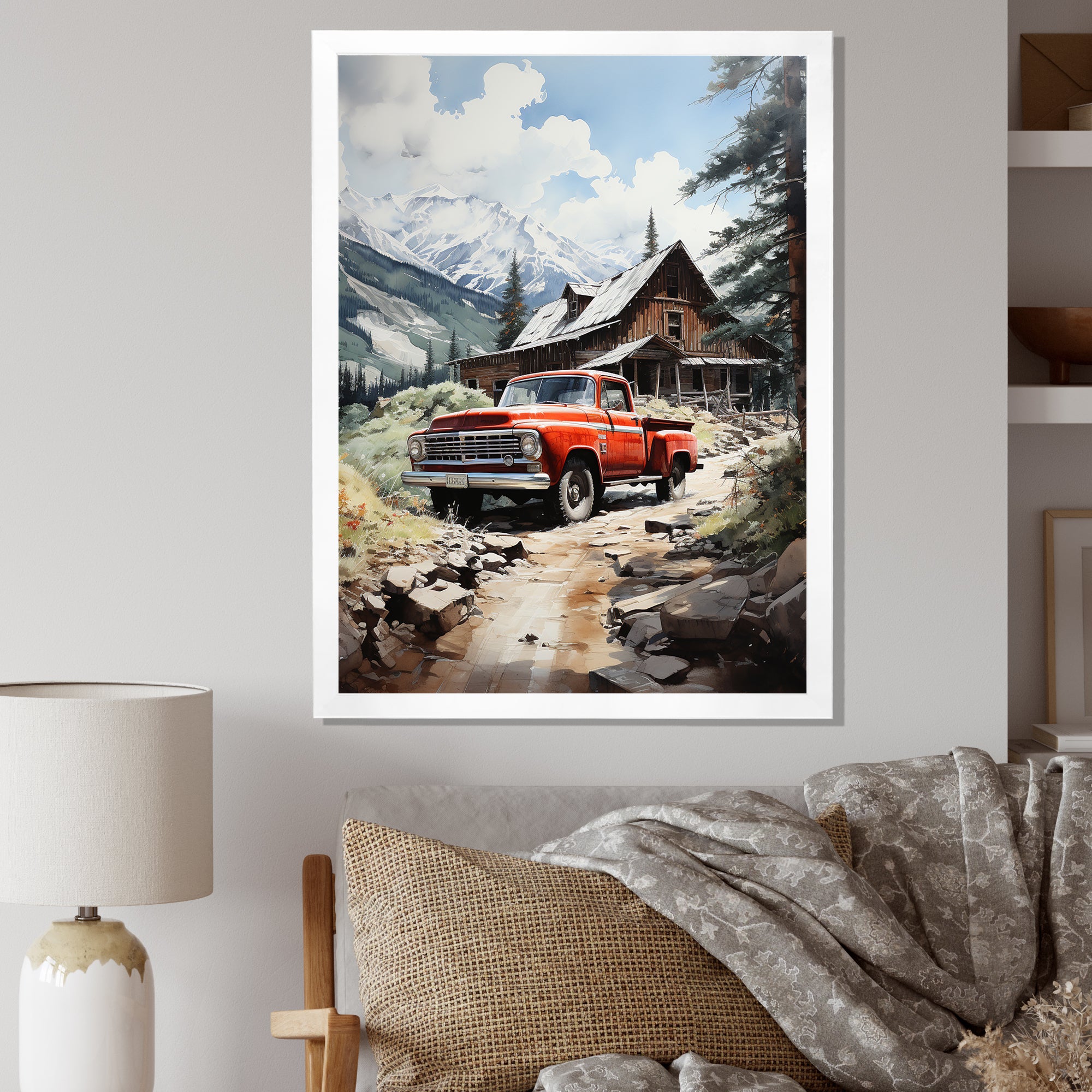 Red Pickup Truck Mountain Retreat - Pickup Truck Canvas Wall Art
