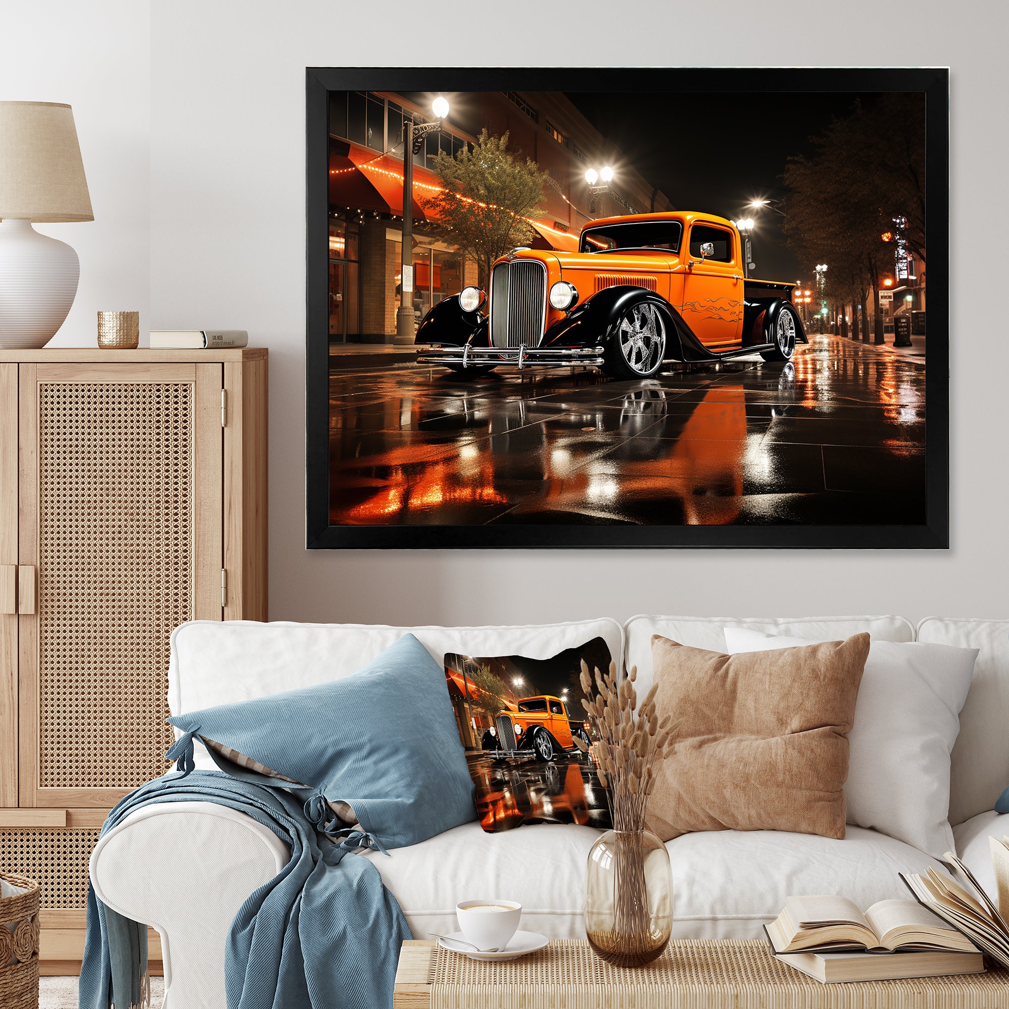 Orange Pickup Truck Night Drifters - Pickup Truck Canvas Wall Art
