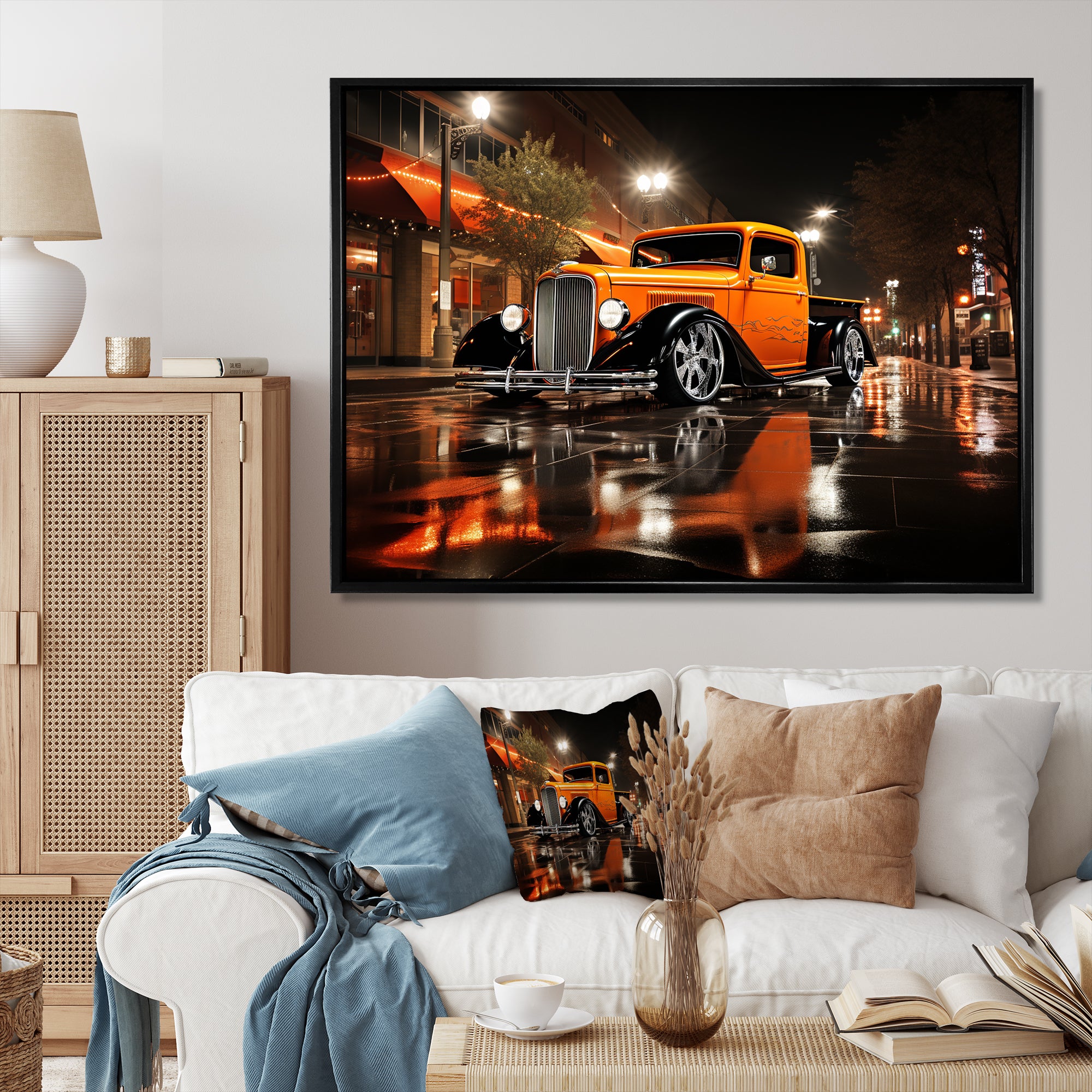 Orange Pickup Truck Night Drifters - Pickup Truck Canvas Wall Art