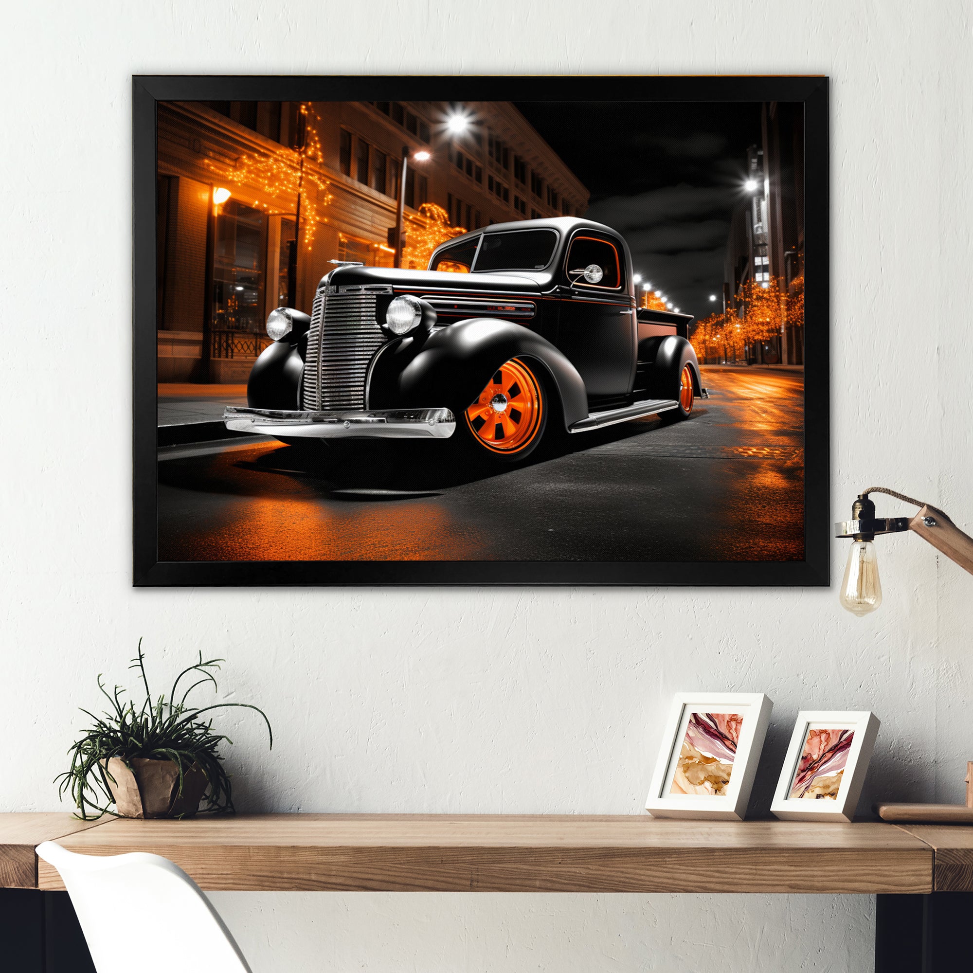 Black Orange Pickup Truck Night Drifters - Pickup Truck Canvas Wall Art