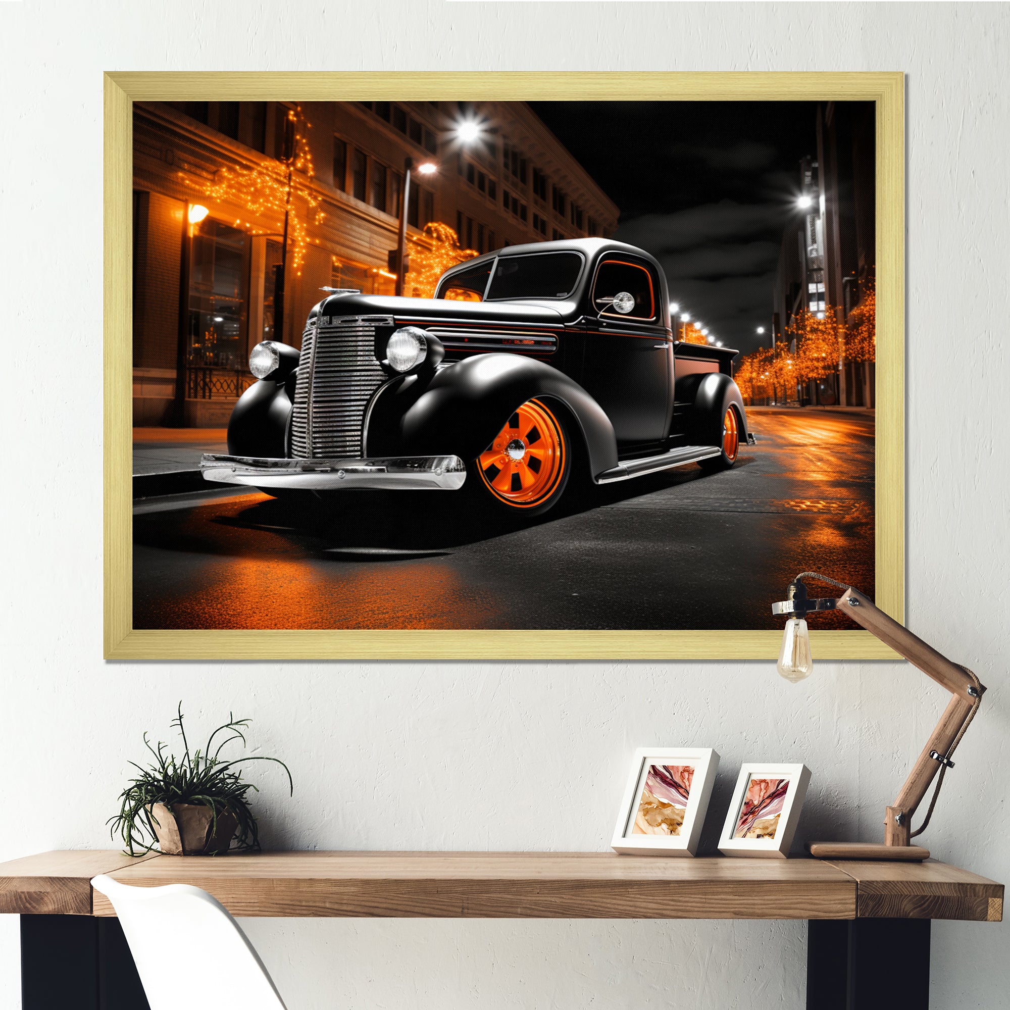 Black Orange Pickup Truck Night Drifters - Pickup Truck Canvas Wall Art