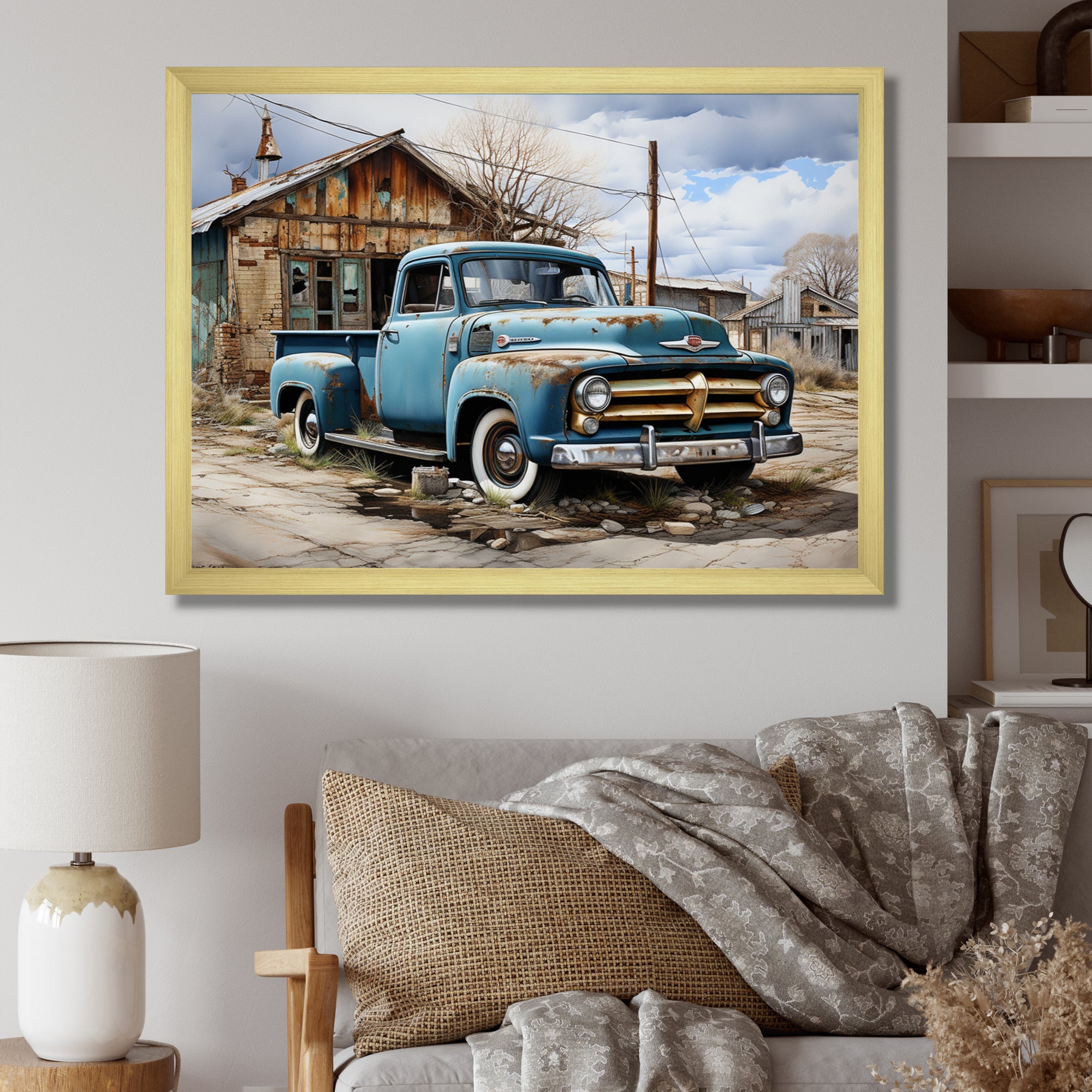 Blue Pickup Truck Roadside Nostalgia - Pickup Truck Canvas Wall Art