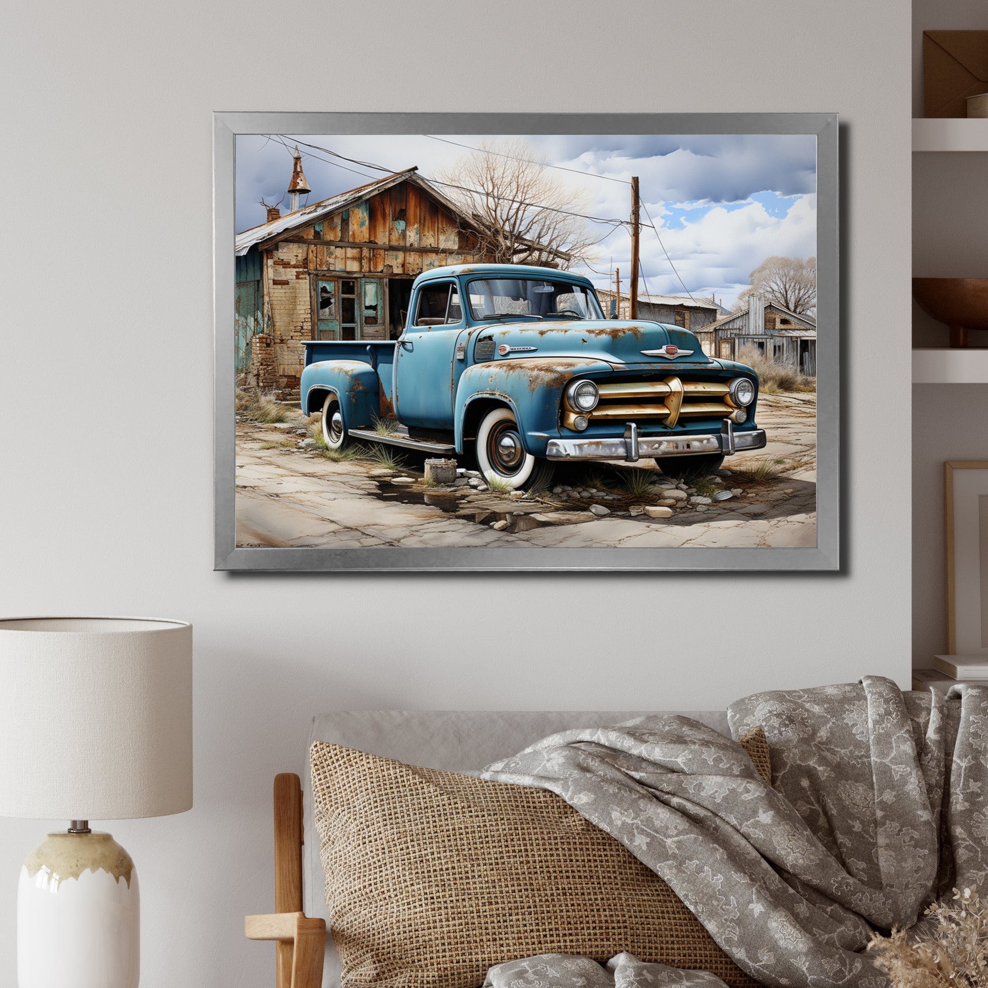 Blue Pickup Truck Roadside Nostalgia - Pickup Truck Canvas Wall Art