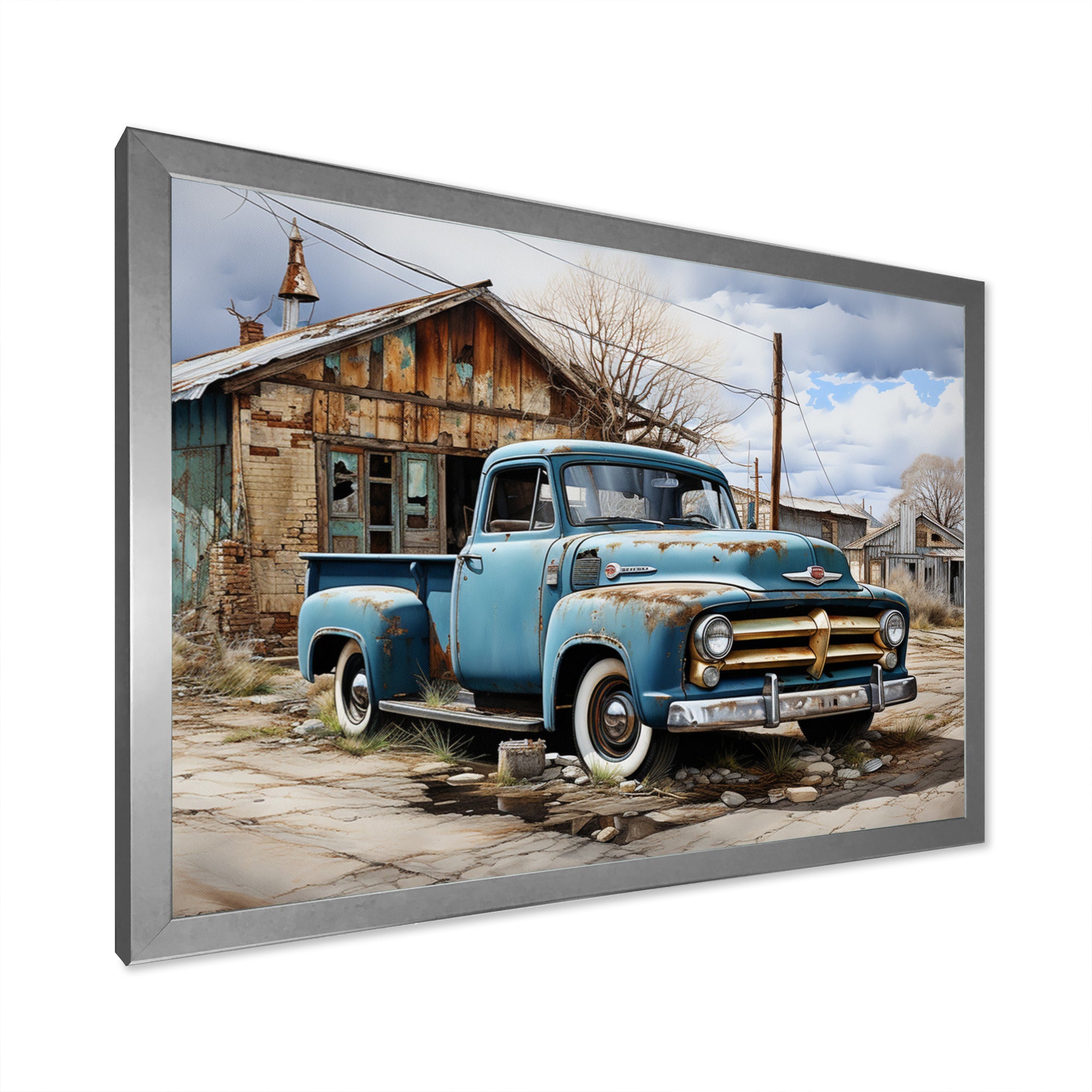 Blue Pickup Truck Roadside Nostalgia - Pickup Truck Canvas Wall Art
