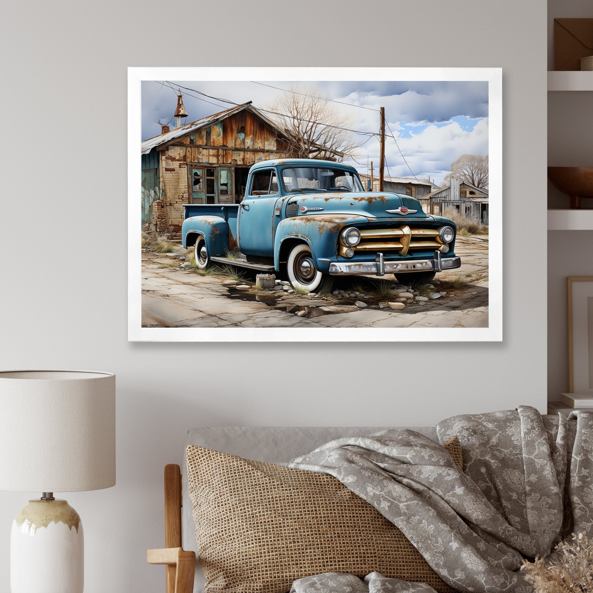 Blue Pickup Truck Roadside Nostalgia - Pickup Truck Canvas Wall Art