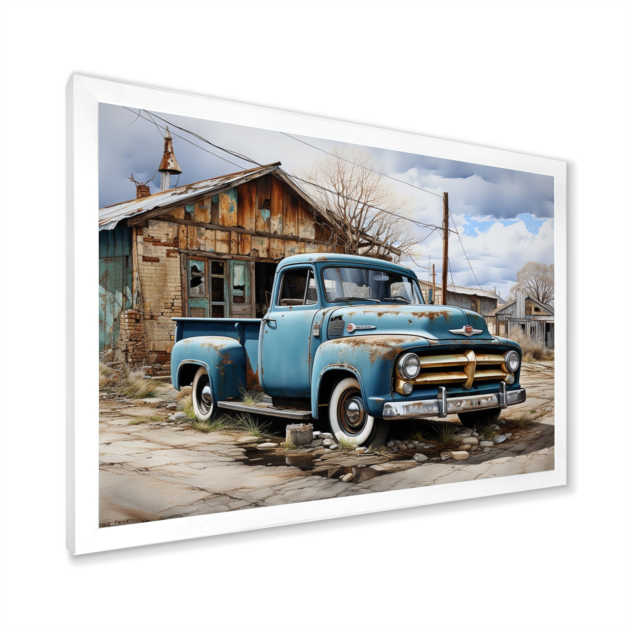 Blue Pickup Truck Roadside Nostalgia - Pickup Truck Canvas Wall Art