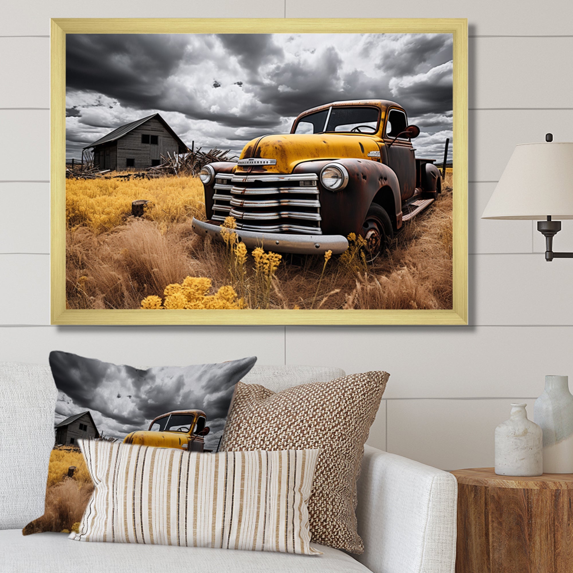 Yellow Pickup Truck Rustic Rides I - Pickup Truck Canvas Wall Art