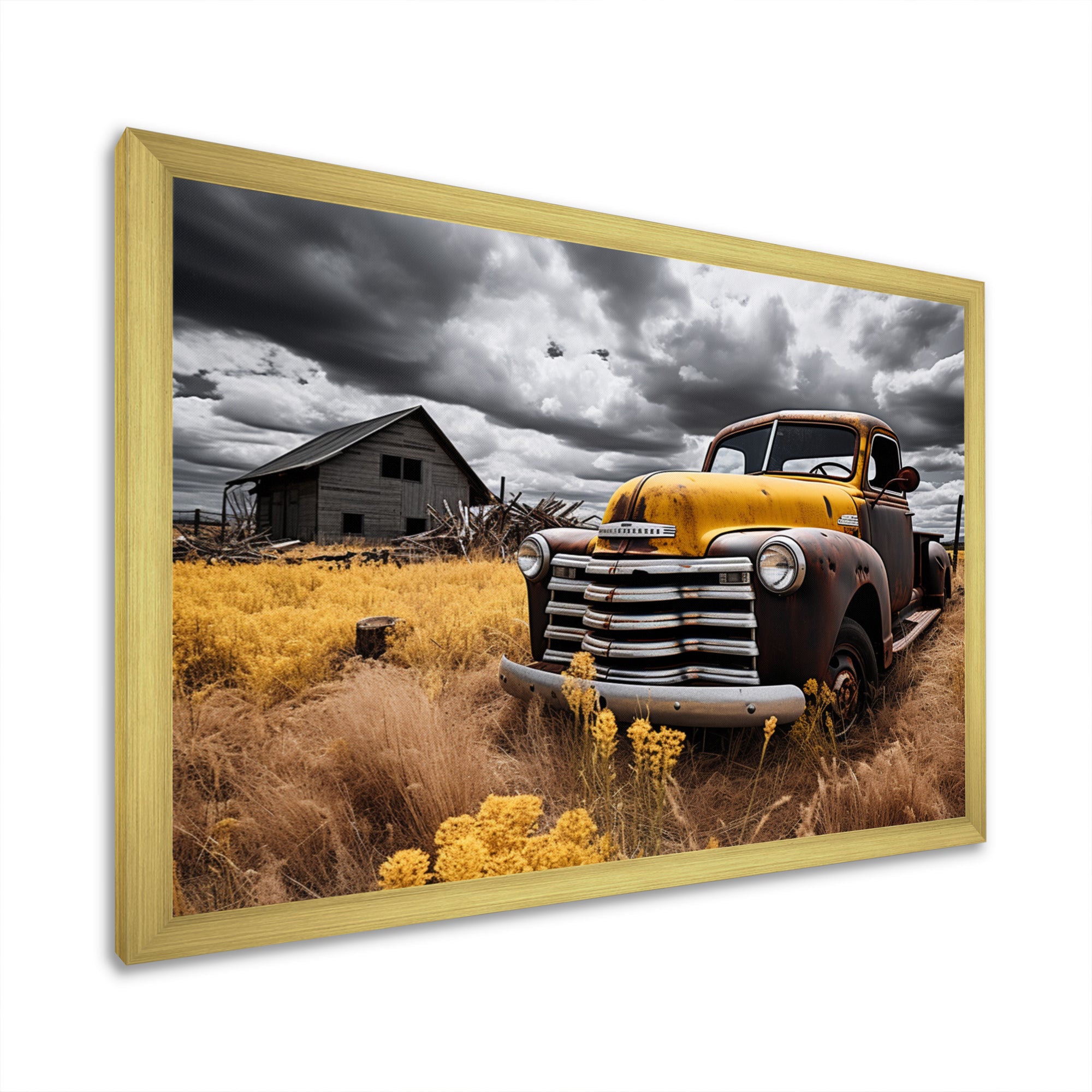 Yellow Pickup Truck Rustic Rides I - Pickup Truck Canvas Wall Art