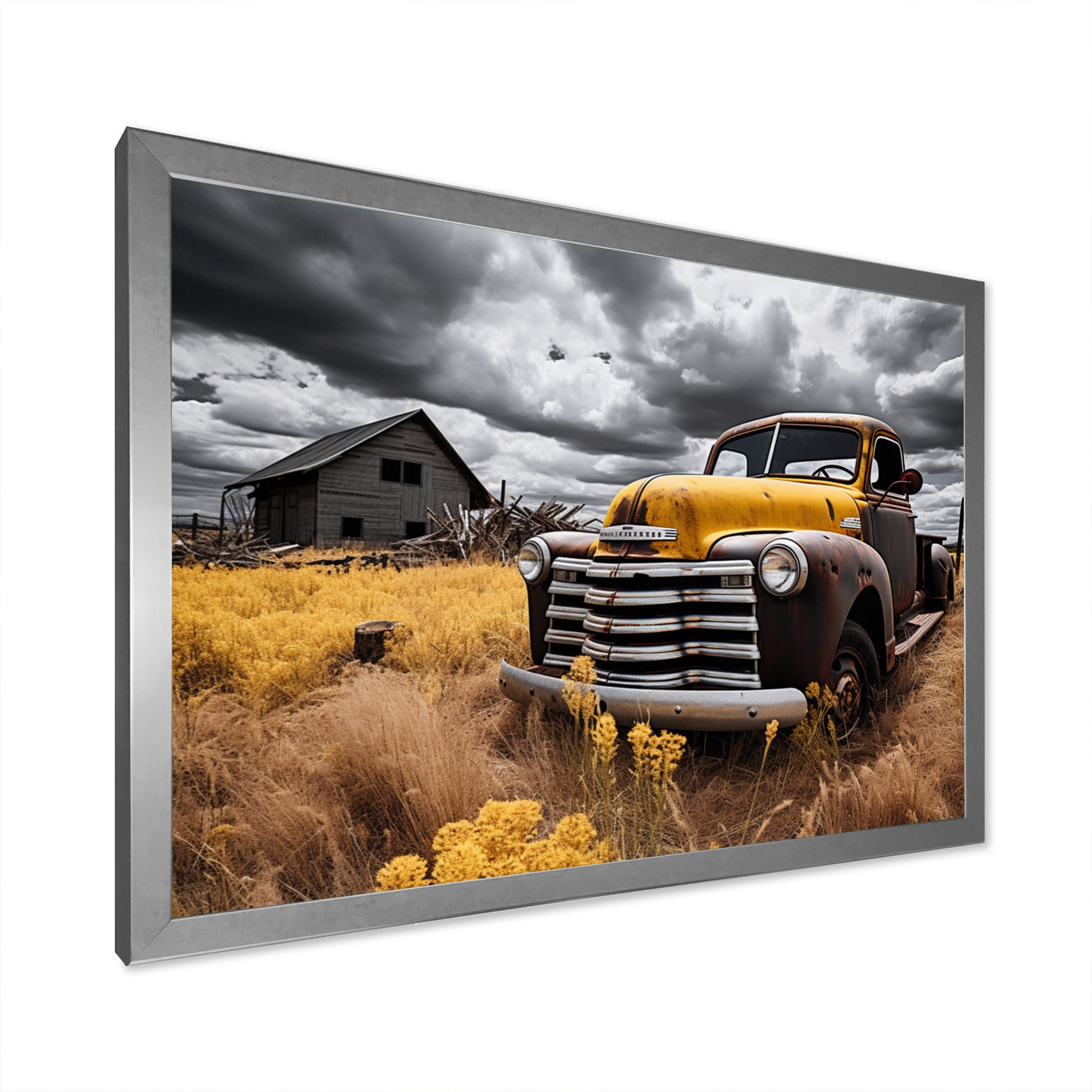 Yellow Pickup Truck Rustic Rides I - Pickup Truck Canvas Wall Art
