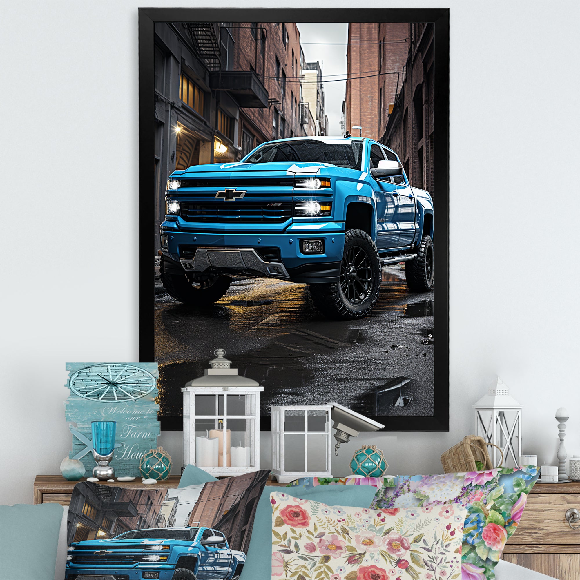 Teal Pickup Truck Urban Explorers - Pickup Truck Canvas Wall Art