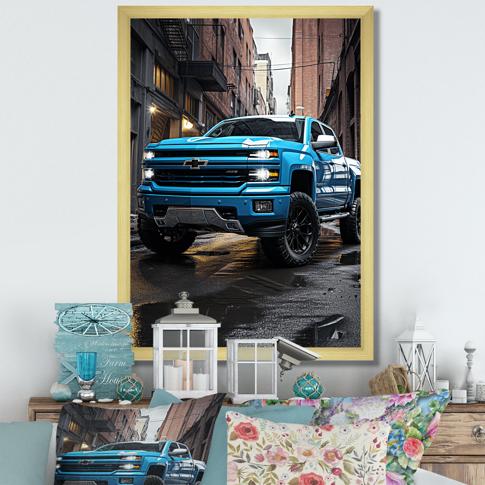 Teal Pickup Truck Urban Explorers - Pickup Truck Canvas Wall Art