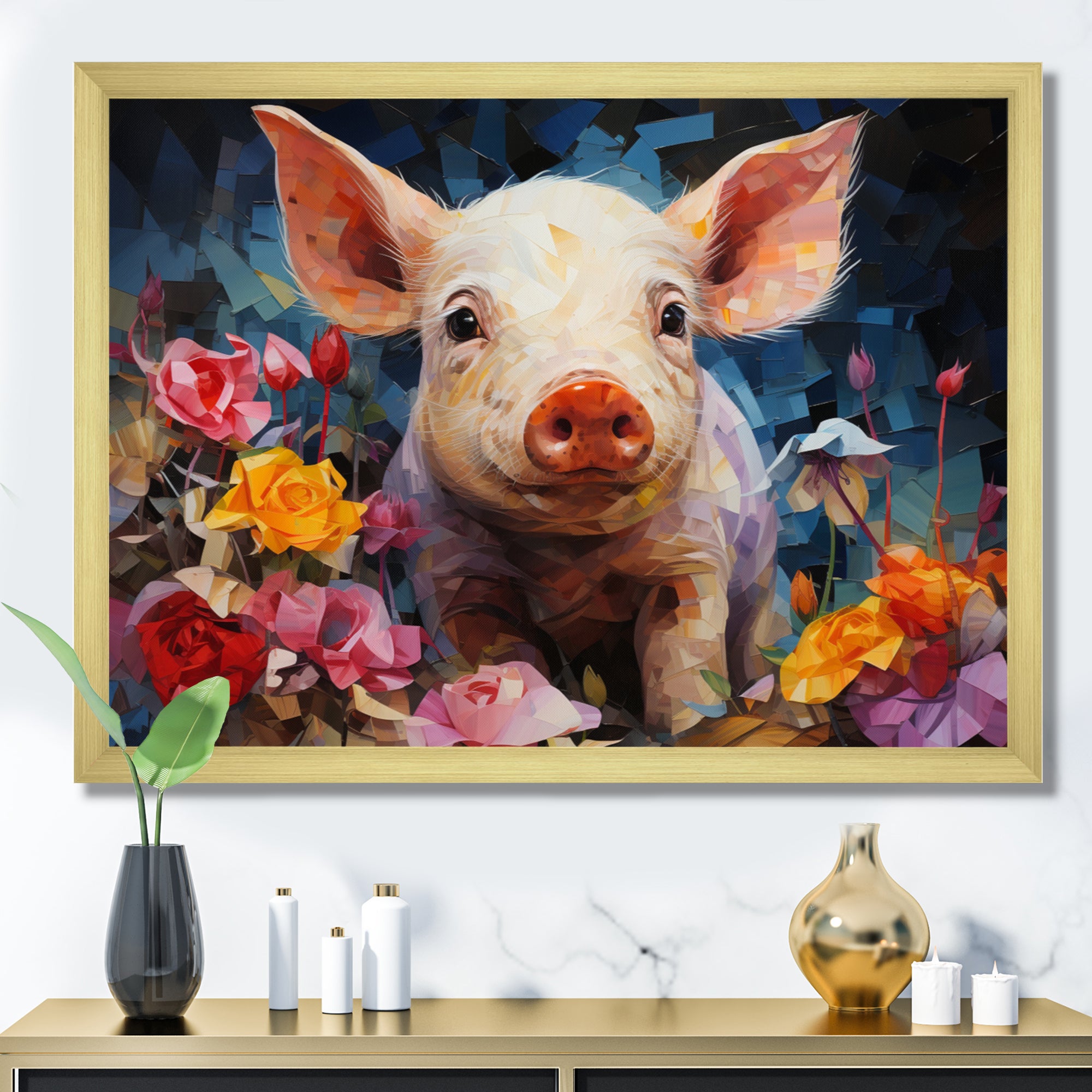 Pink Curious Piglet Collage - Pink Pig Wall Art