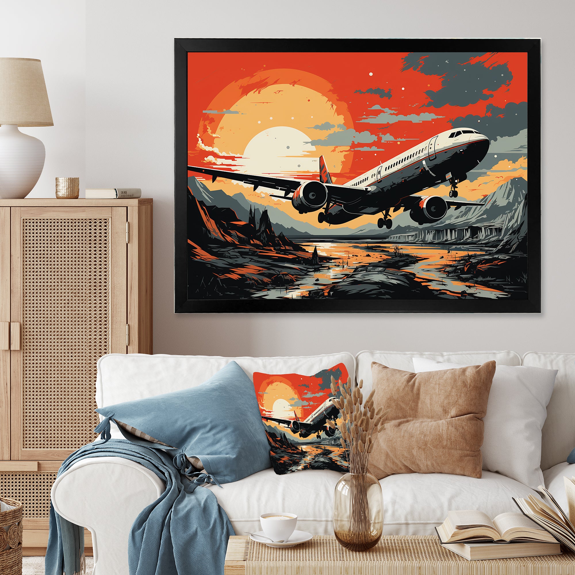 Orange Sunset Overs The Plane Flight - Plane Canvas Wall Art