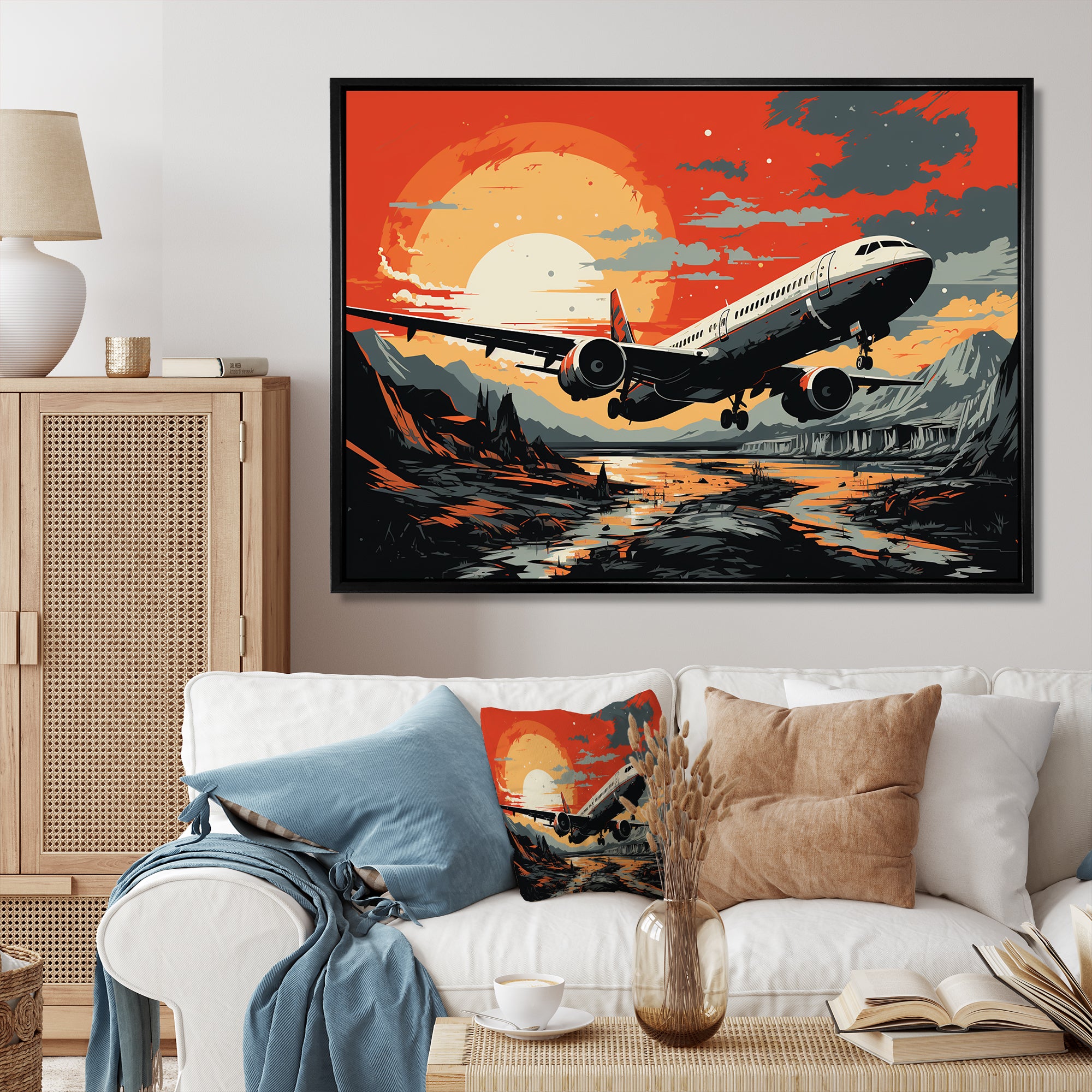 Orange Sunset Overs The Plane Flight - Plane Canvas Wall Art