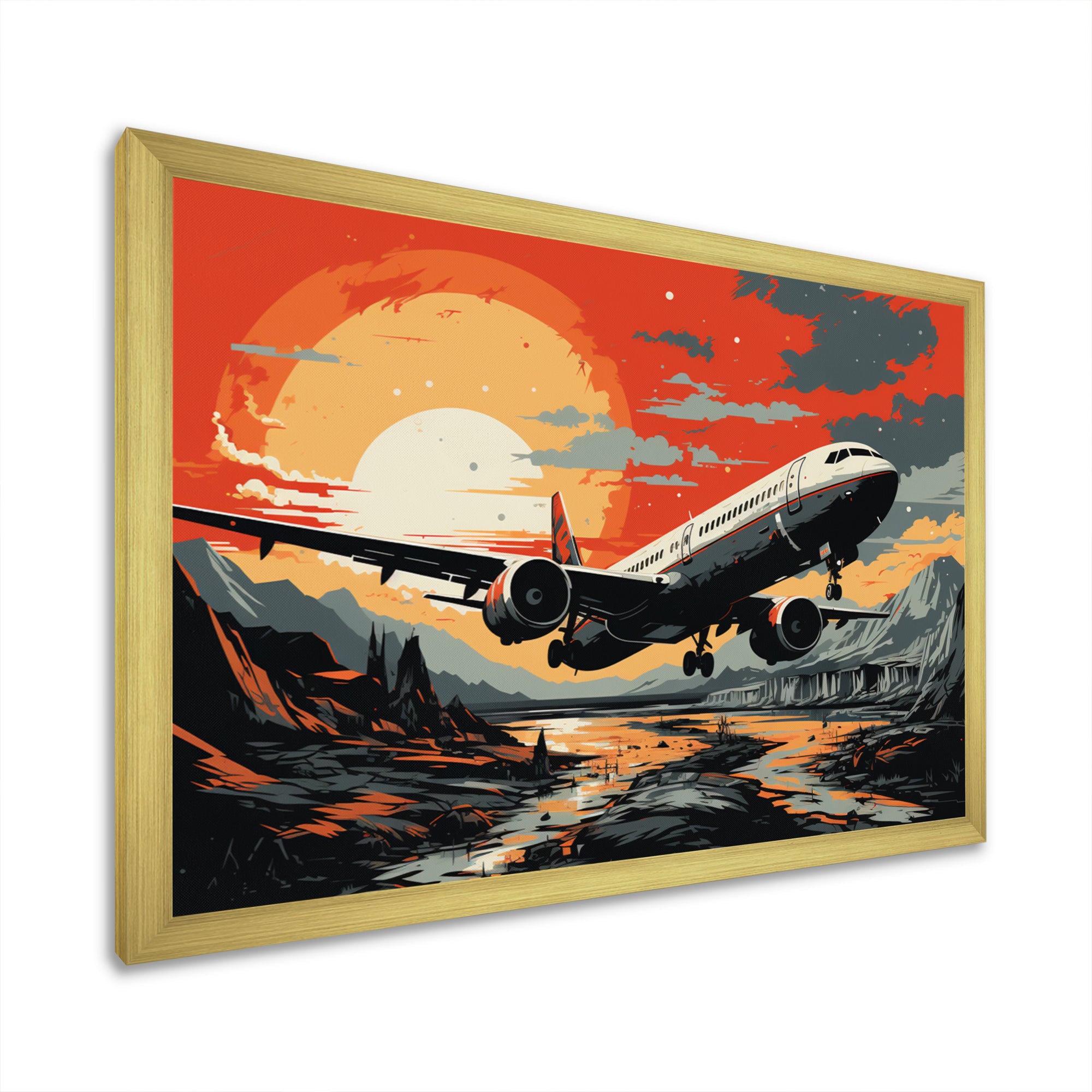 Orange Sunset Overs The Plane Flight - Plane Canvas Wall Art