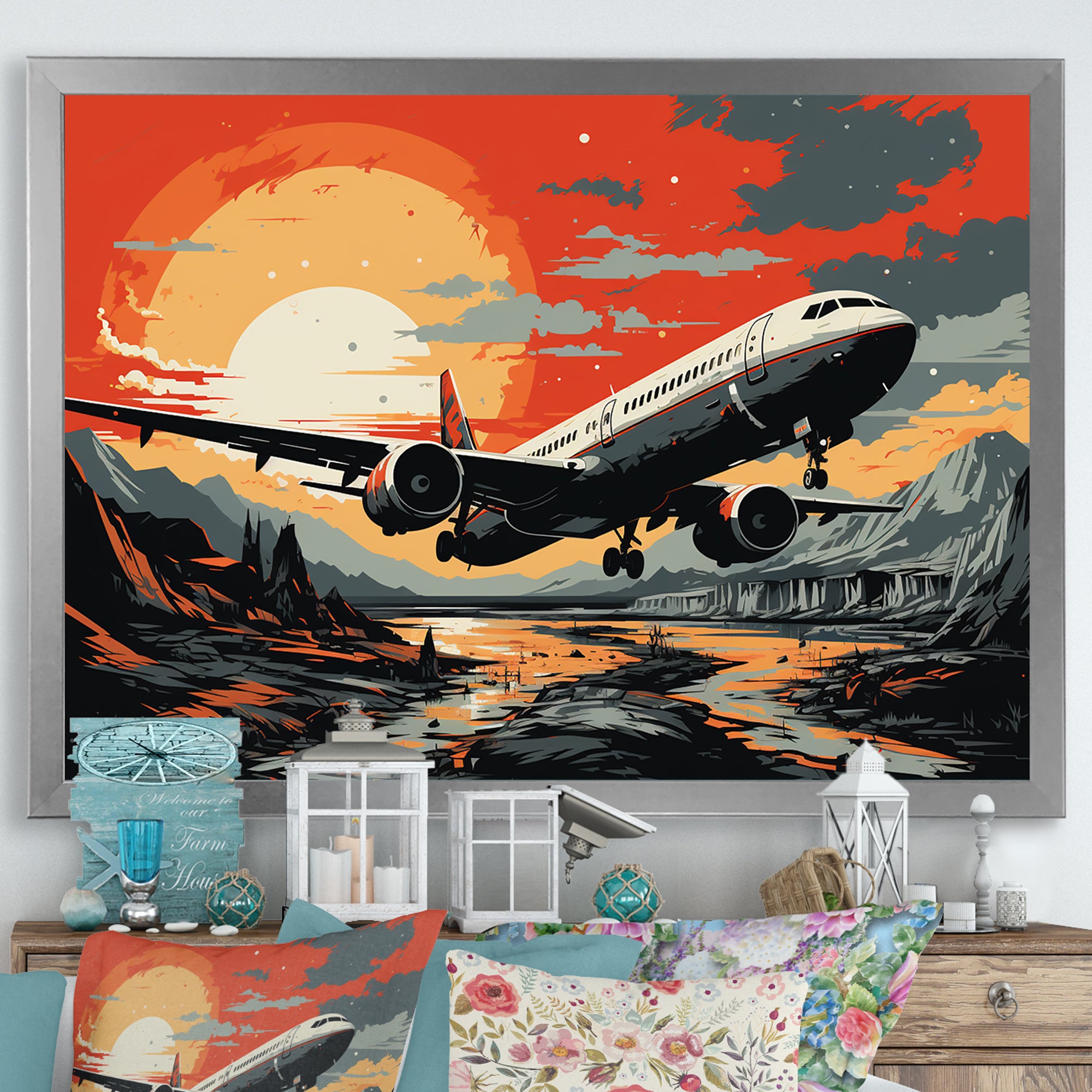 Orange Sunset Overs The Plane Flight - Plane Canvas Wall Art