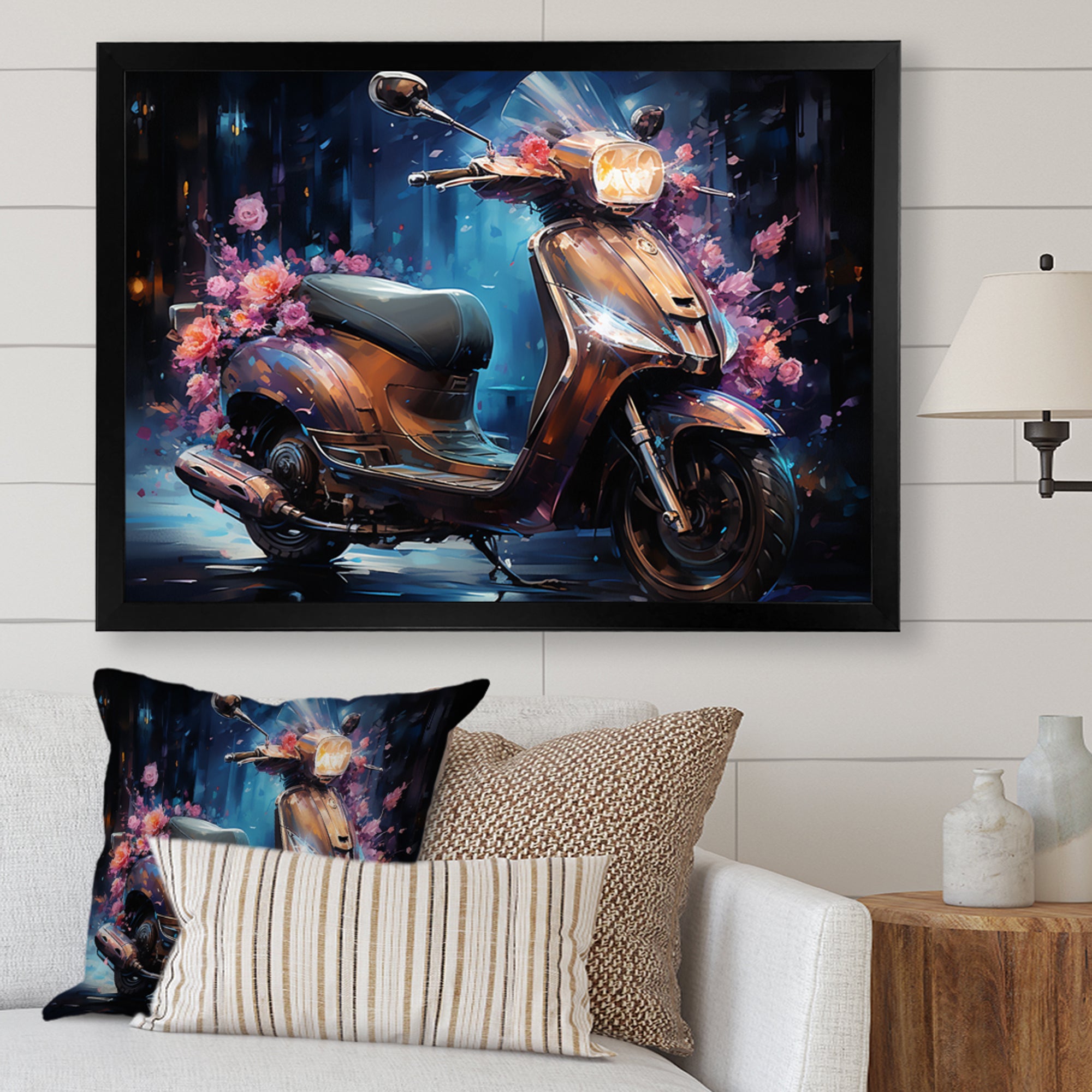 Teal Gold Scooter Night Glow - Scooter Canvas Wall Art