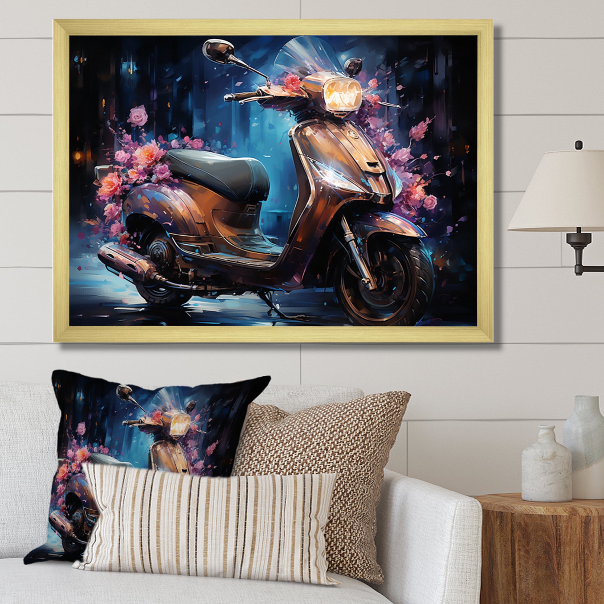 Teal Gold Scooter Night Glow - Scooter Canvas Wall Art