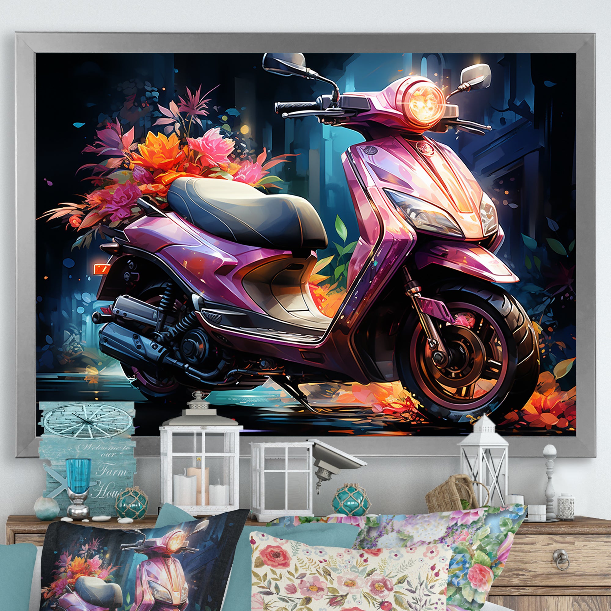 Purple Coral Scooter Night Glow - Scooter Canvas Wall Art