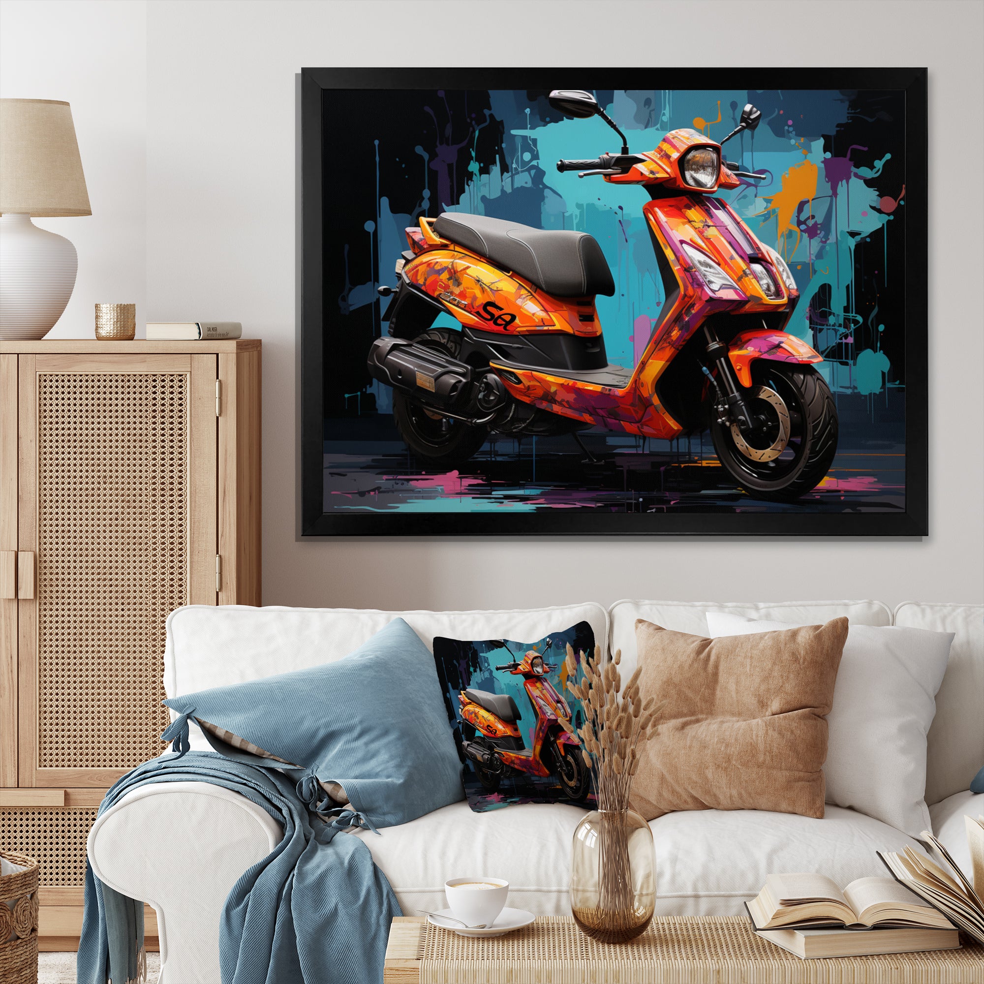 Teal Red Scooter Street Styler - Scooter Canvas Wall Art