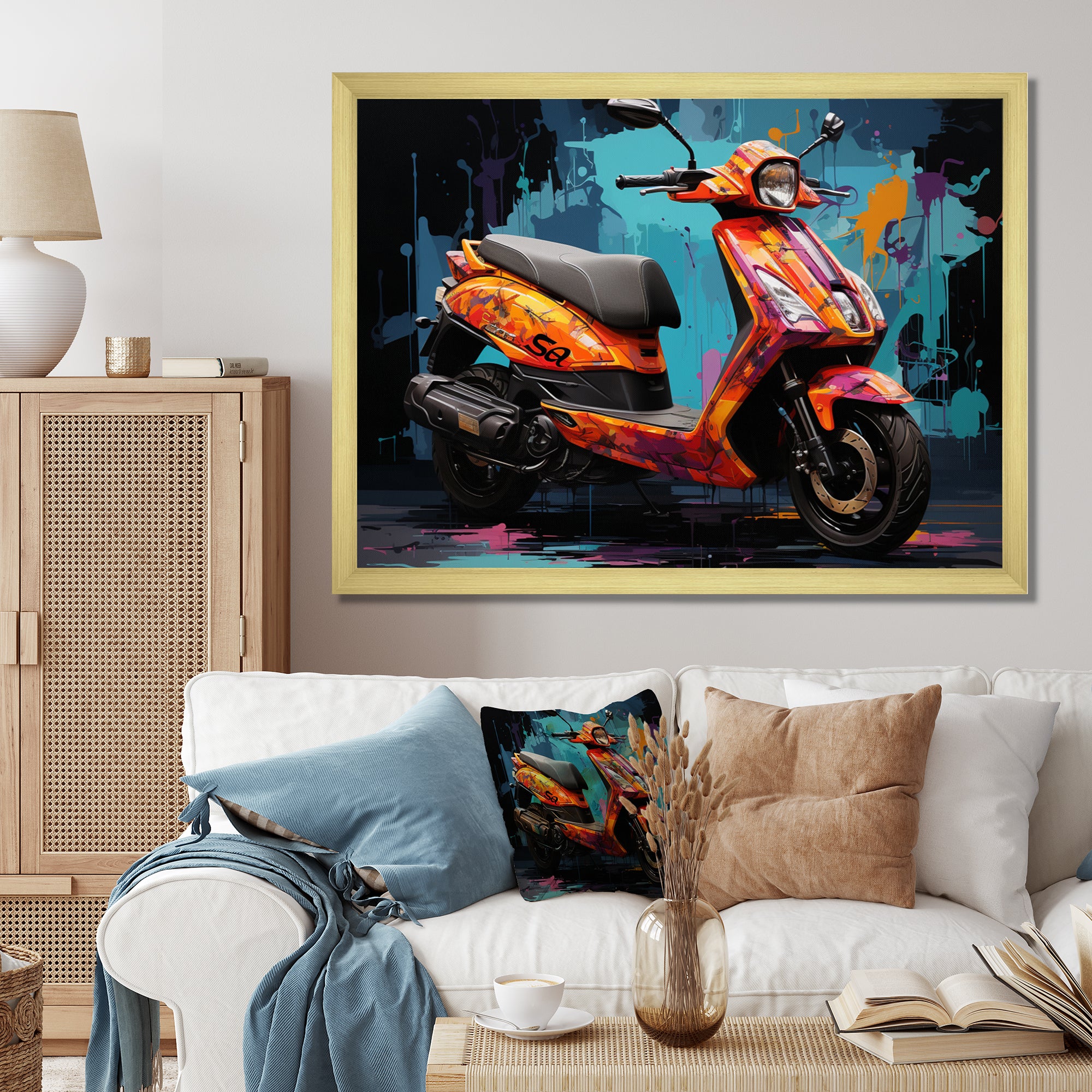 Teal Red Scooter Street Styler - Scooter Canvas Wall Art