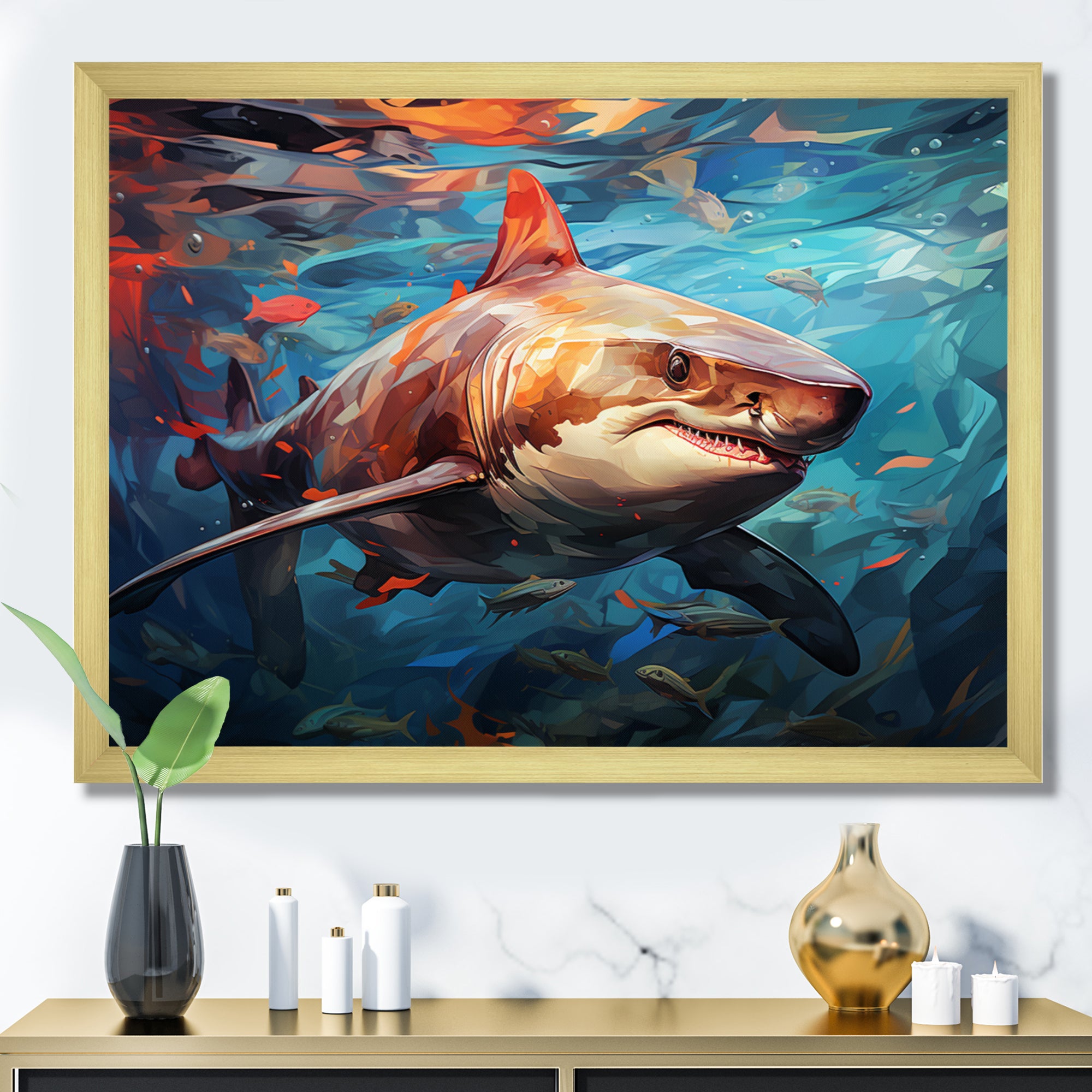 Teal Shark Oceans Dance Geometric - Teal Shark Wall Art