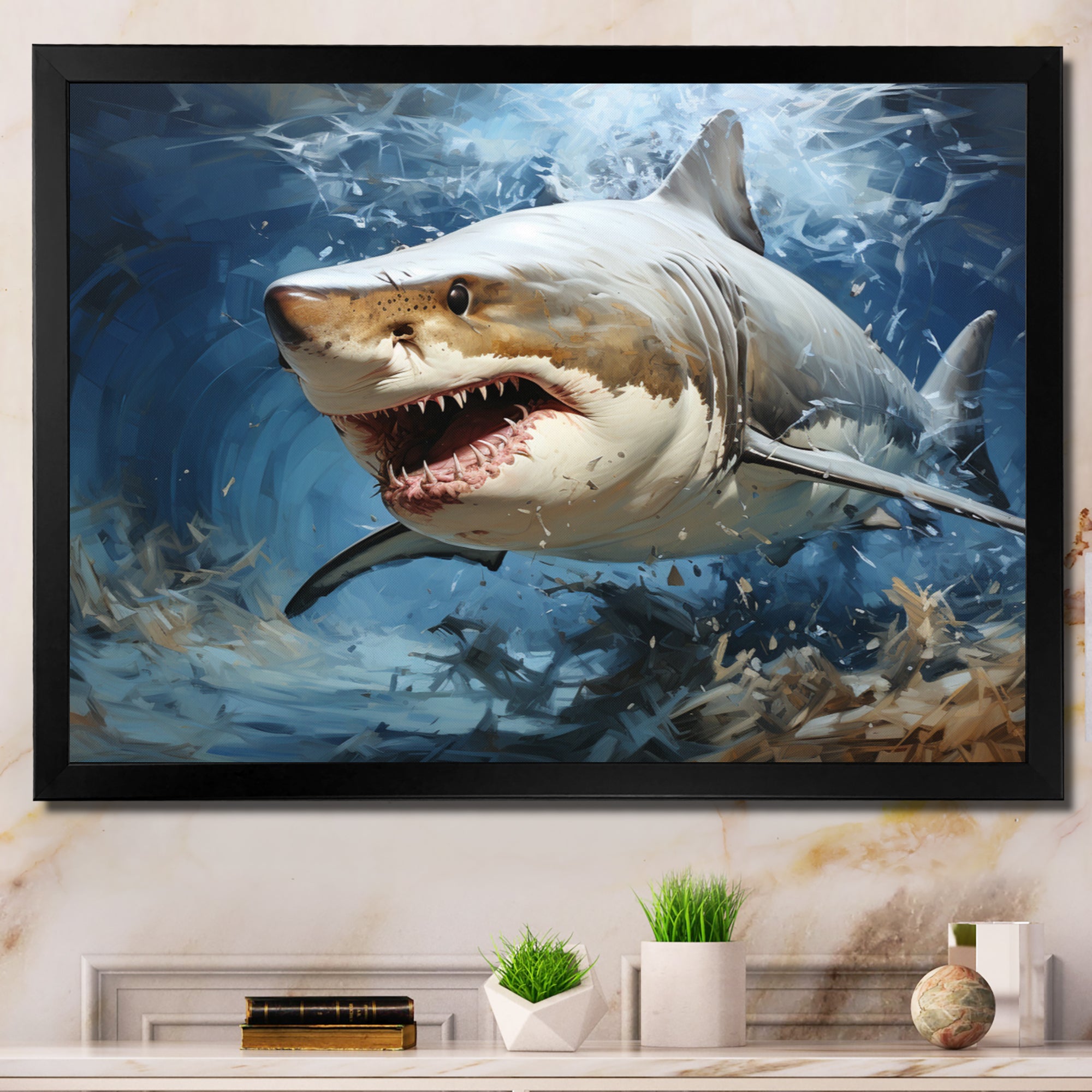 Grey Teal Shark Stride - Shark Framed Canvas Art