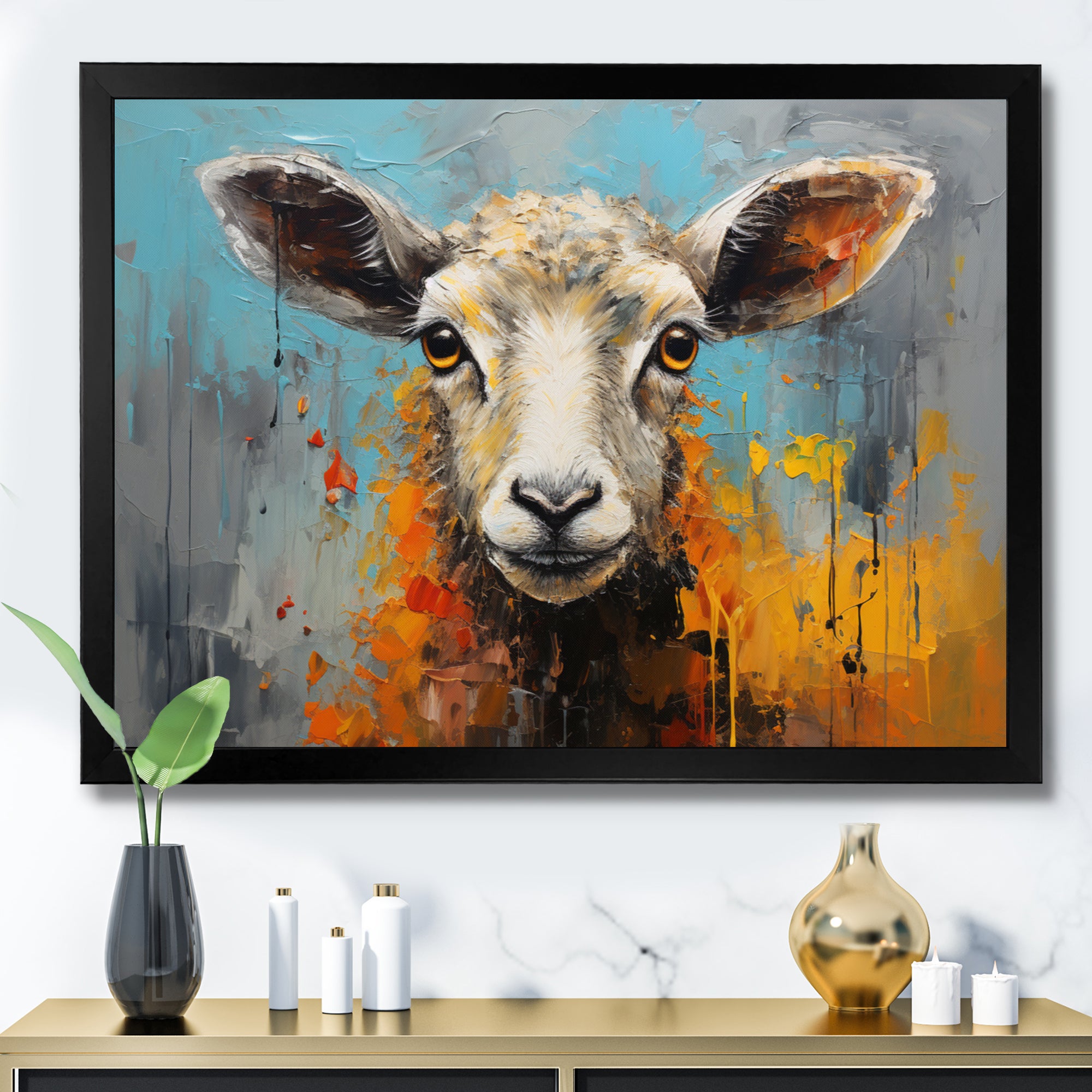 Teal Palette Knife Sheep - Sheep Framed Canvas Art