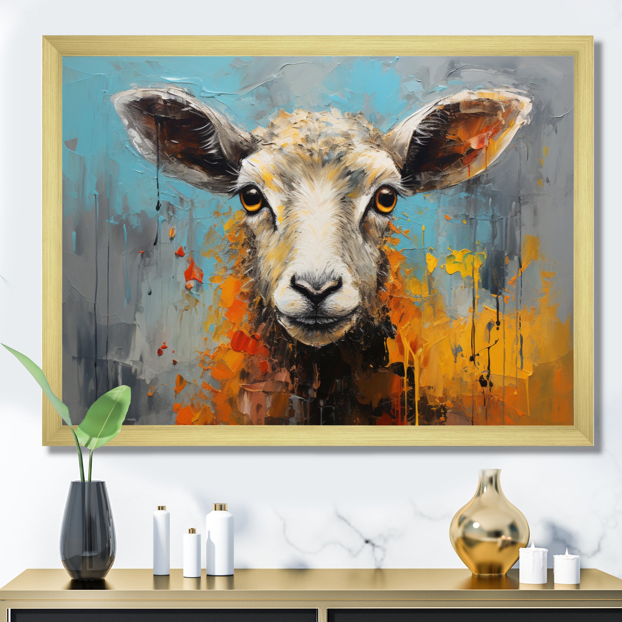 Teal Palette Knife Sheep - Sheep Framed Canvas Art