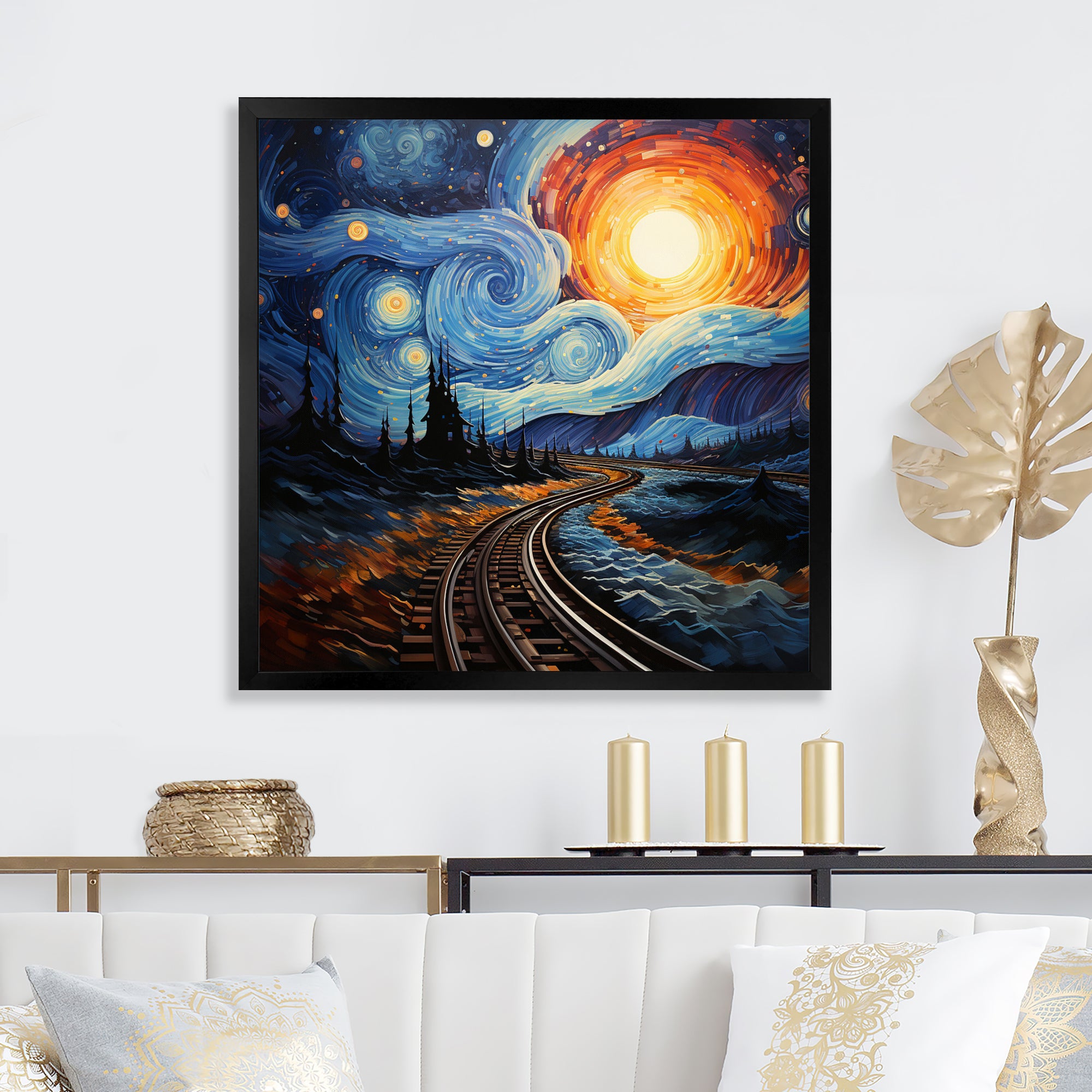 Blue Yellow Train Cosmic Rails - Train Canvas Wall Art