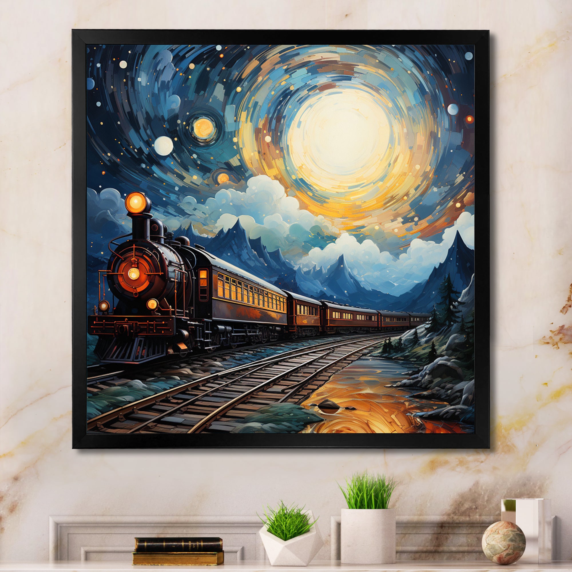 Yellow Blue Train Cosmic Rails - Train Canvas Wall Art